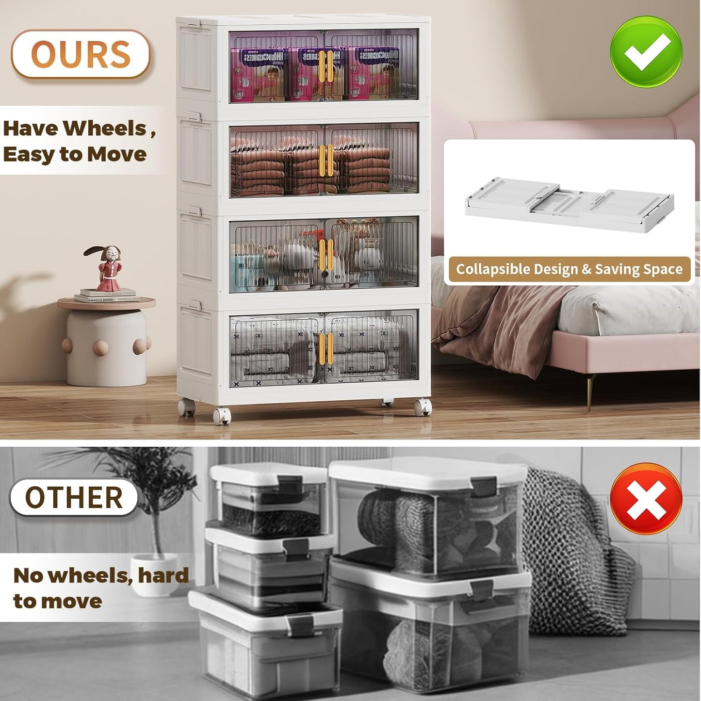 80Gal Stackable Plastic Storage Bins with Lids, Collapsible Closet Organizers and Storage with Wheels for Living Room,Office,Dorm 26.8" W x 14.4" D x 48.6" H, 4 Tier