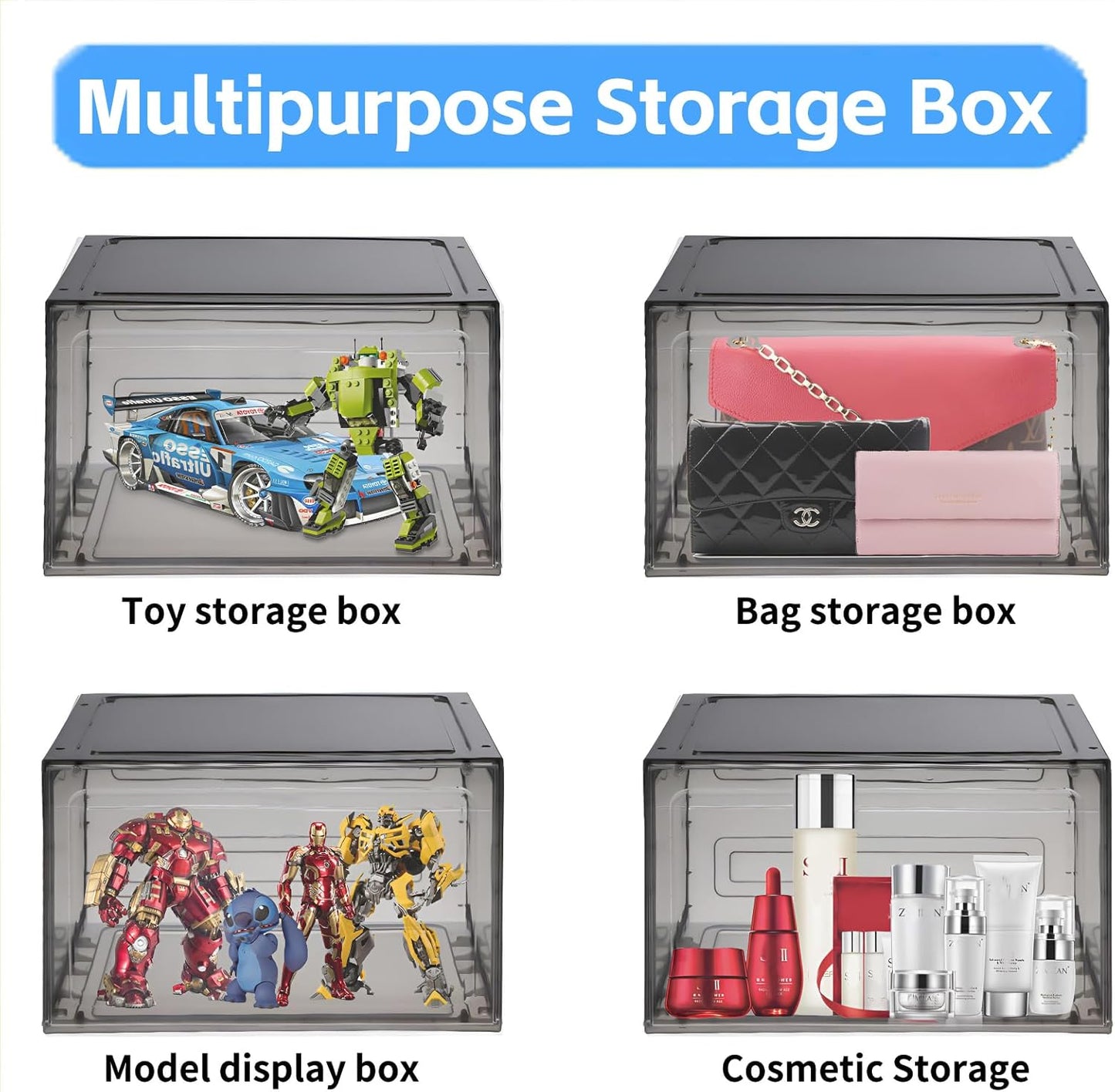 8 Pack Shoe Boxes Clear Plastic Stackable, Drop Front Shoe Storage Organizer for Closet, Sneaker Storage with Magnetic Door, Shoe Display Containers Fit US Size 12(13.4”x 10.6”x 7.5”) Black