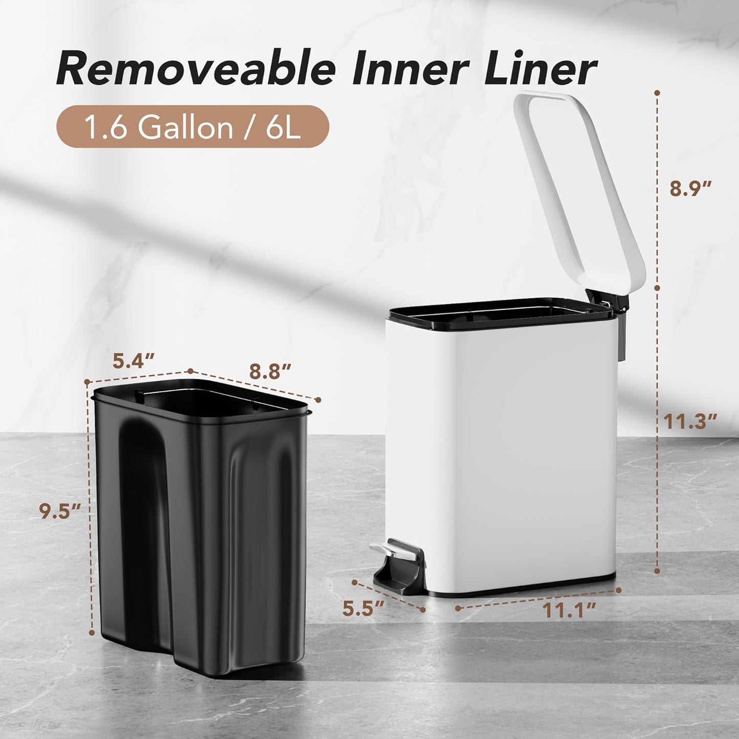 Small Trash Can with Lid Soft-Close, 6 L/1.6 Gal Bathroom Garbage Can with Removable Inner Bucket, Step Pedal, Stainless Steel Wastebasket for Kitchen, Bathroom, Bedroom, Office, White