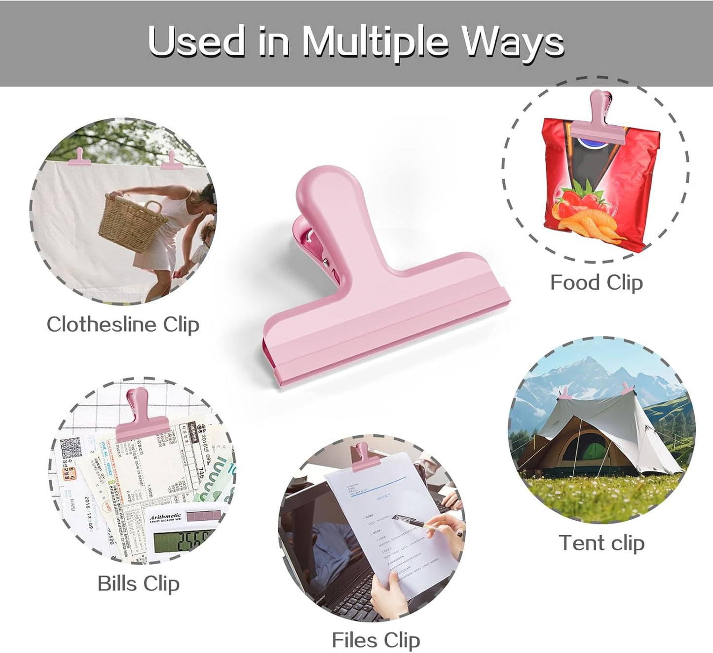 HOUSE AGAIN 12 Pack Stainless Steel Chip Bag Clips Covered with Silicone - NO More Sharp Edges - Color Coded for Food Bags - Air Tight Seal, Heavy Duty for Kitchen and Office, 3 Inches Wide, Pink