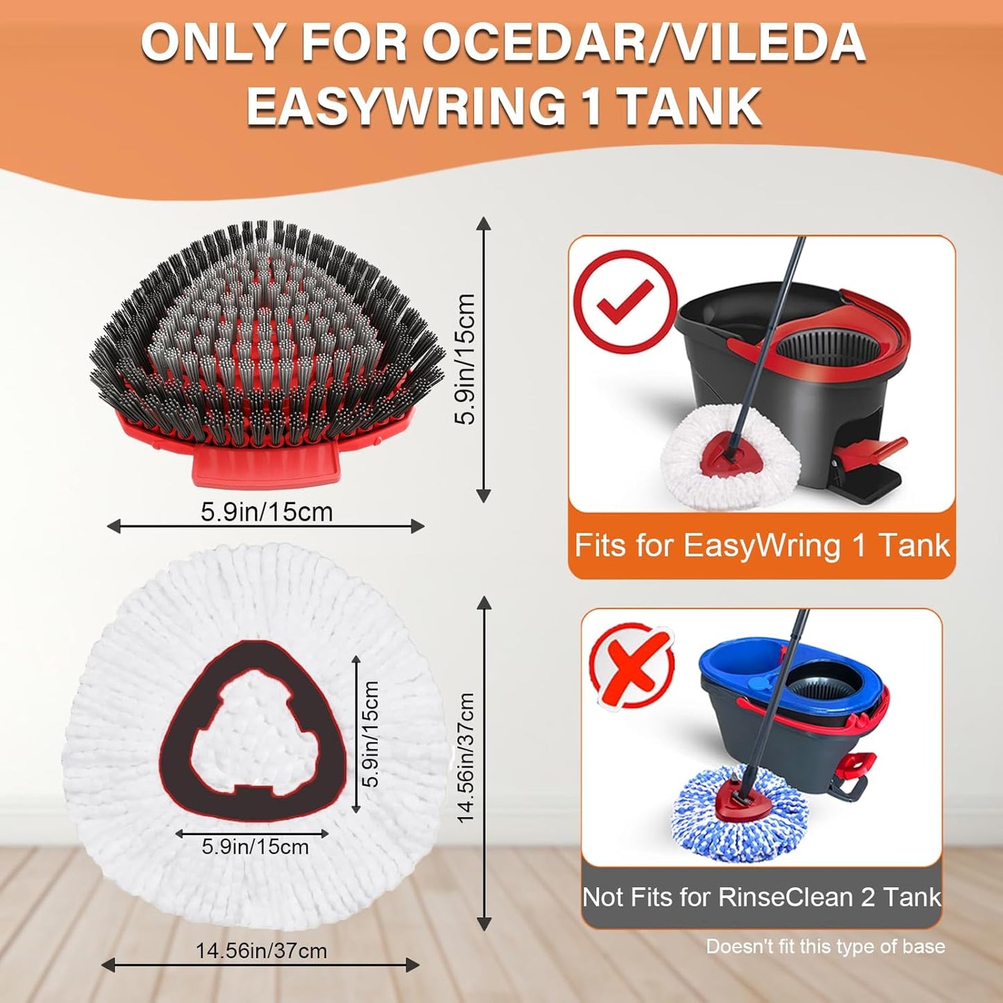 Spin Mop Head Replacement for O Cedar EasyWring 1-Tank System, 2 Mop Replace Heads + 1 Upgrade Scrubber Brush, 100% Microfiber Mop Refills Deep Cleaning Machine Washable