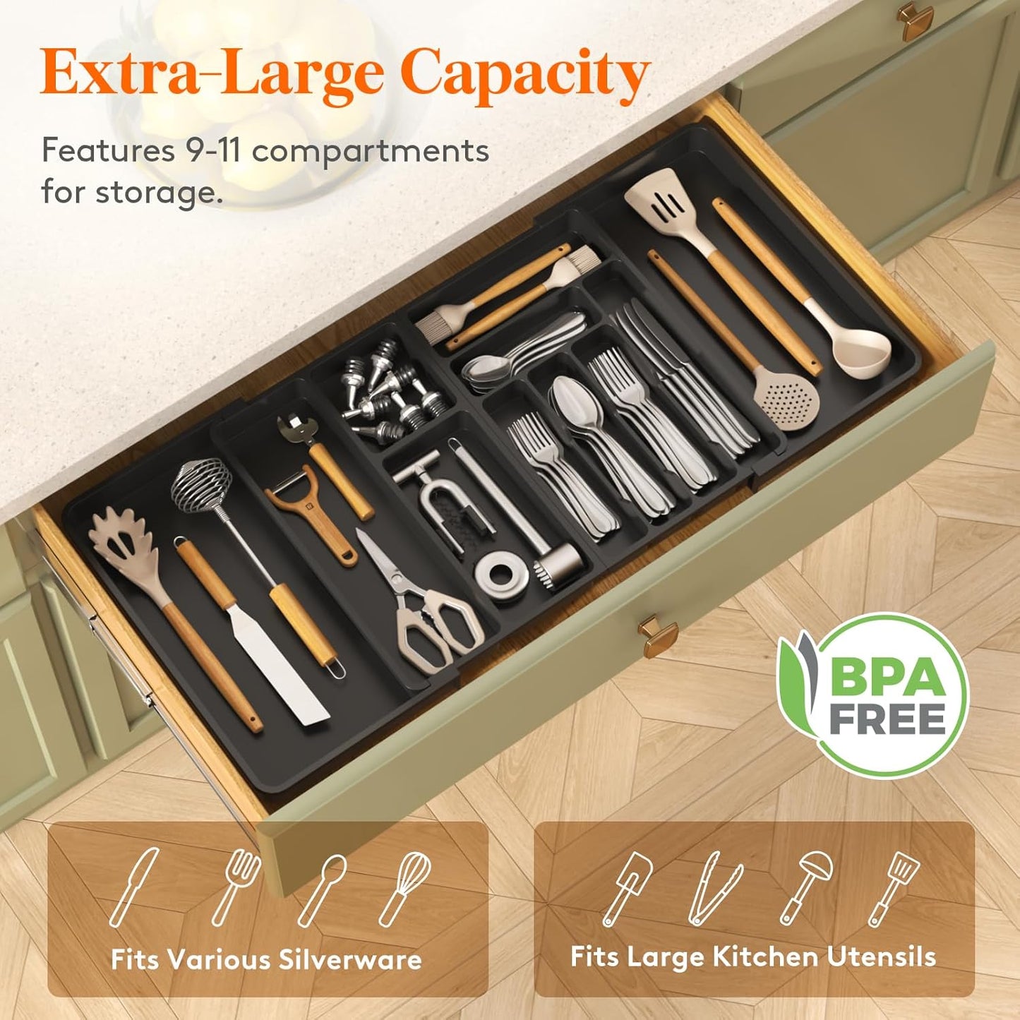 Lifewit Large Silverware Drawer Organizer, Plastic Cooking Utensil Tray for Kitchen, Expandable From 21 to 36 Inches, Adjustable Flatware Cutlery Spoon Fork Knife Spatula Gadgets Holder, Black
