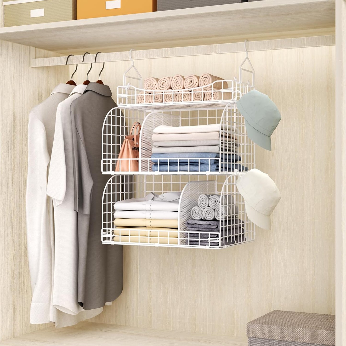 HapiRm Hanging Closet Organizer Storage - 3 Tier Metal Stackable Hanging Closet Shelves with Dividers and S Hooks, Foldable Clothes Shelves for Clothes, Pants, Shoes, Coat, Hats Clutches Accessories