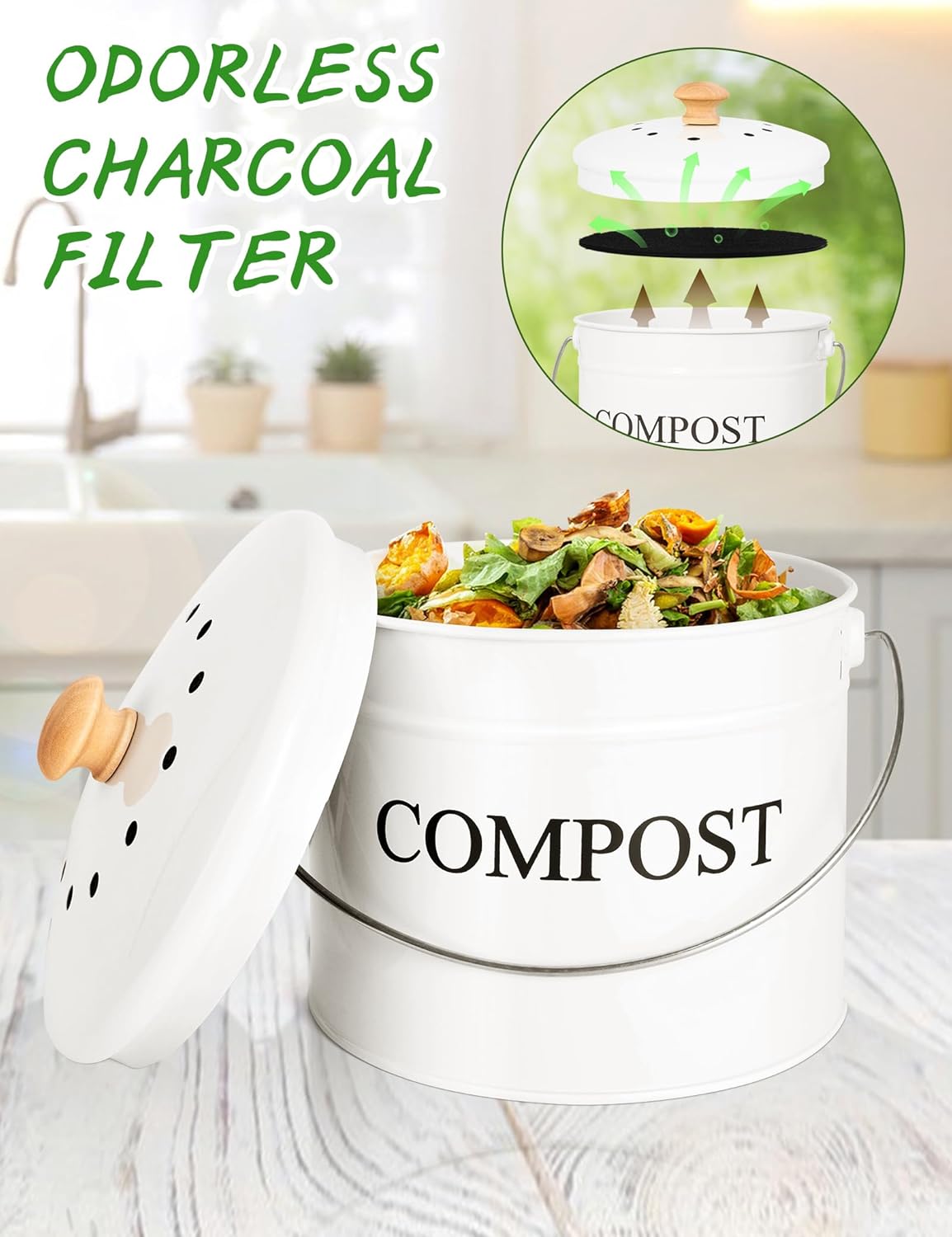 Compost Bin - 1 Gallon Countertop Composter with Lid, Charcoal Filters, Rust Proof Indoor Food Waste Bin