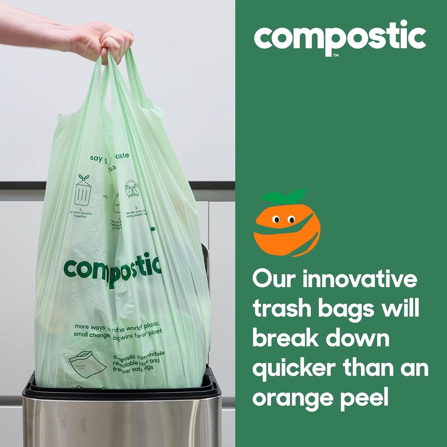 Compostic Home Compostable Trash Bags, 13 Gallon Tall Kitchen Rubbish Bags (23” x 29”), Extra Strong & Quickly Breaks Down, 50 Count