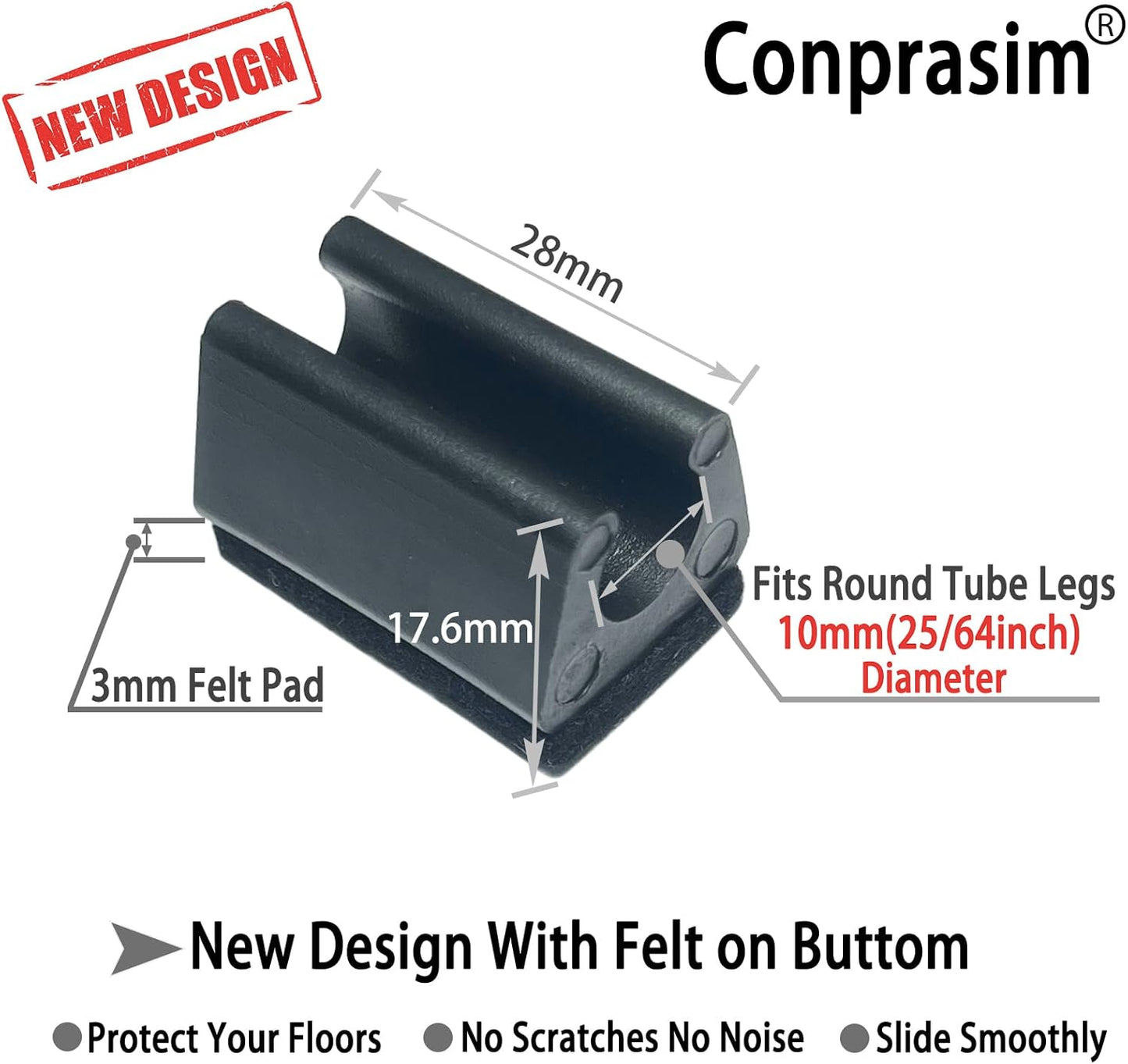 Rectangle U Shaped Chair Leg Tips Caps with Felt Pads,Furniture Feet Protector Slide Smoothly Glides No Scratches No Noise Protect Hardwood Floor,Fit 10mm(25/64inch) Diameter Tubular Leg (Black 8PCS)