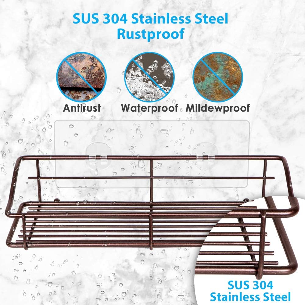 Nieifi Shower Caddy Shelf with Hooks Storage Rack Organizer Adhesive Stainless Steel without Drilling for Bathroom, Lavatory, Washroom, Restroom, Shower, Toilet, Kitchen (Brown, 3 Pack)