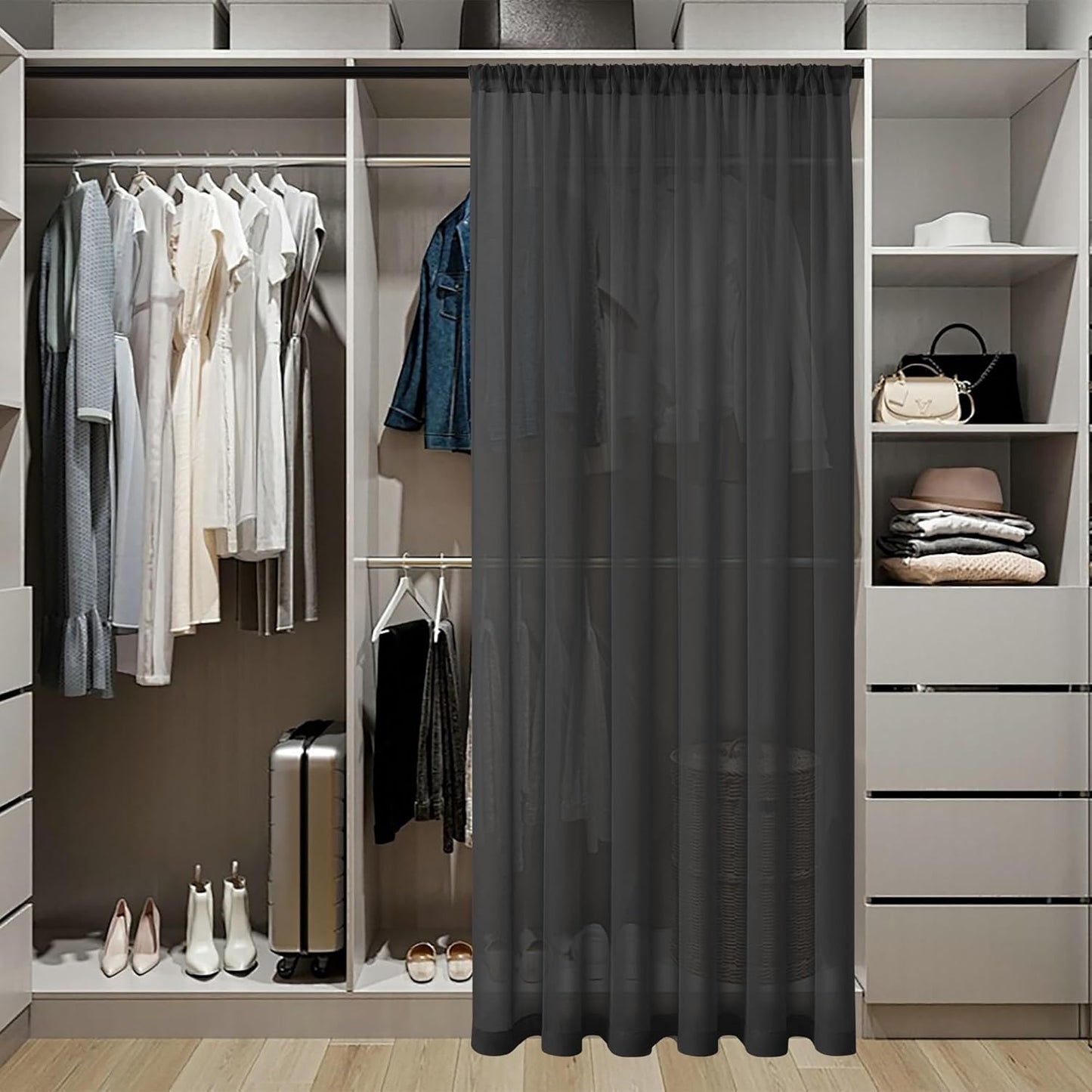 Tollpiz Short Sheer Curtains Closet Linen Textured Curtains Sheer Doorway Light Filtering Voile Patio Glass Door Rod Pocket Curtain French Door, 54 x 40 inches Long, Black, Set of 1 Panel