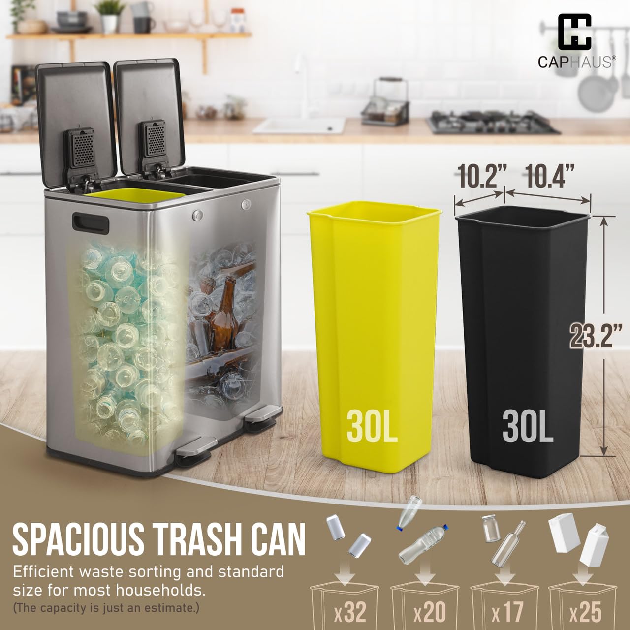 CAPHAUS Dual Trash Can with Double Lid, Trash and Recycle Bins Combo, Hands-Free Stainless-Steel Garbage Can for Kitchen, with 2 Compartment, Hinged Lid, Odor Filters, Handles, 30L+30L, 2 x 8 Gallon