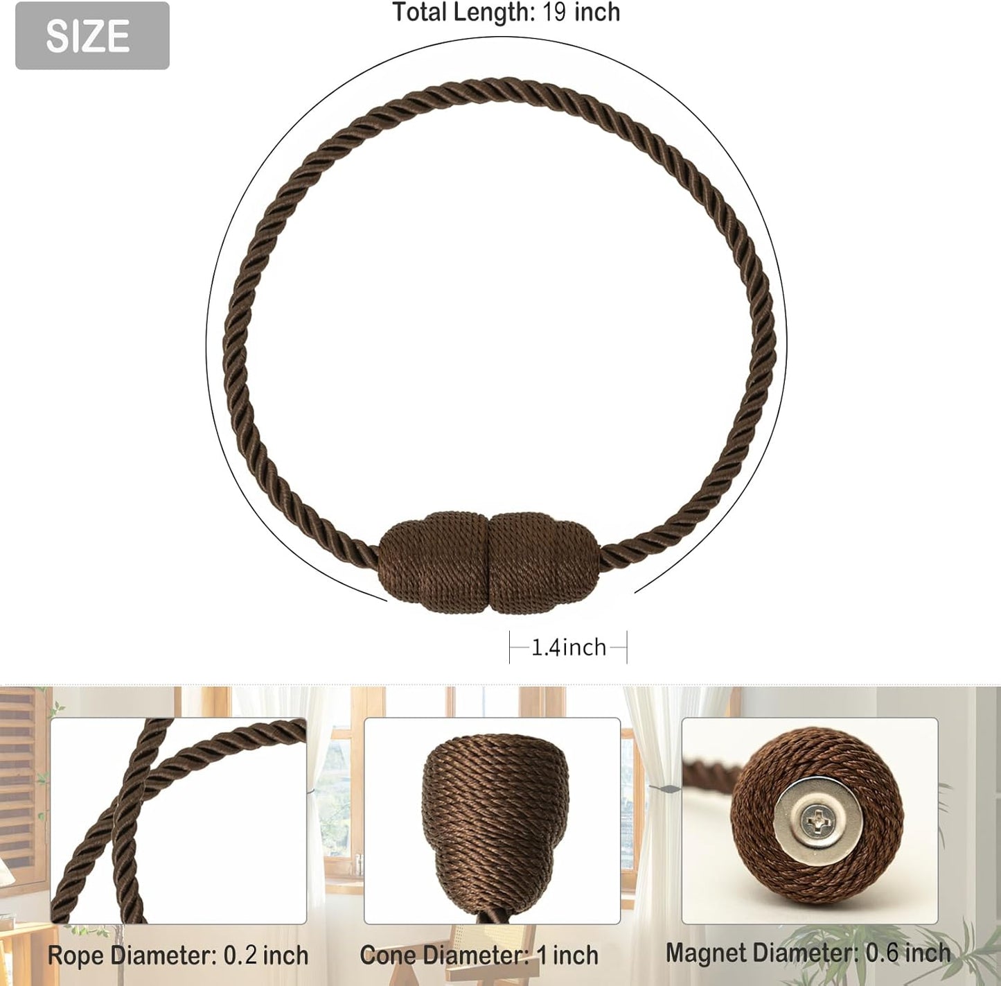 Magnetic Curtain Tiebacks Rope Tie Backs 4 Pack Decorative Window Holdbacks, Coffee