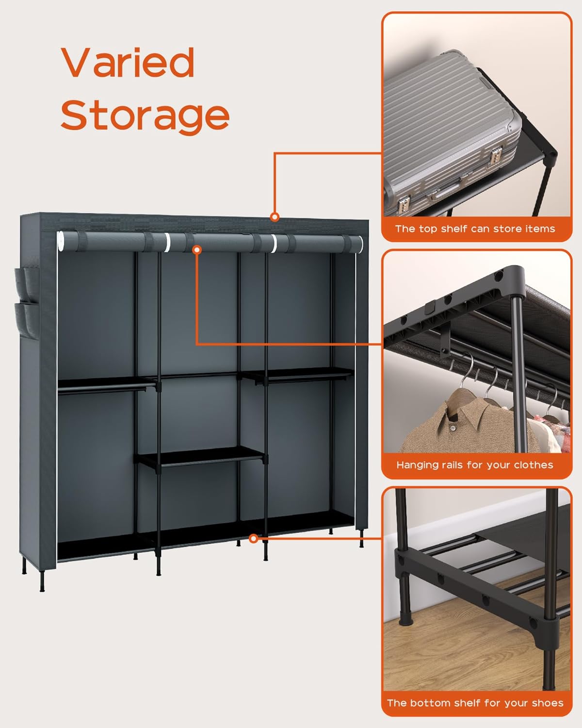 Clothes Rack, Portable Closet, 81.5 Inch Large Capacity Wardrobe Closet, Clothes Storage Organizer with Shelves and 5 Hanging Rods, Easy to Assembly, Grey PCT136G01