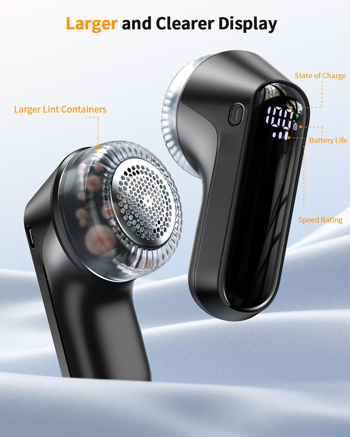 Fabric Shaver, Rechargeable Lint Shaver with Digital Display, Electric Portable Sweater Shaver with 6-Leaf Blades and Safety Lock, 3-Speeds Lint Remover to Remove Pilling for Clothes, Couch, Furniture