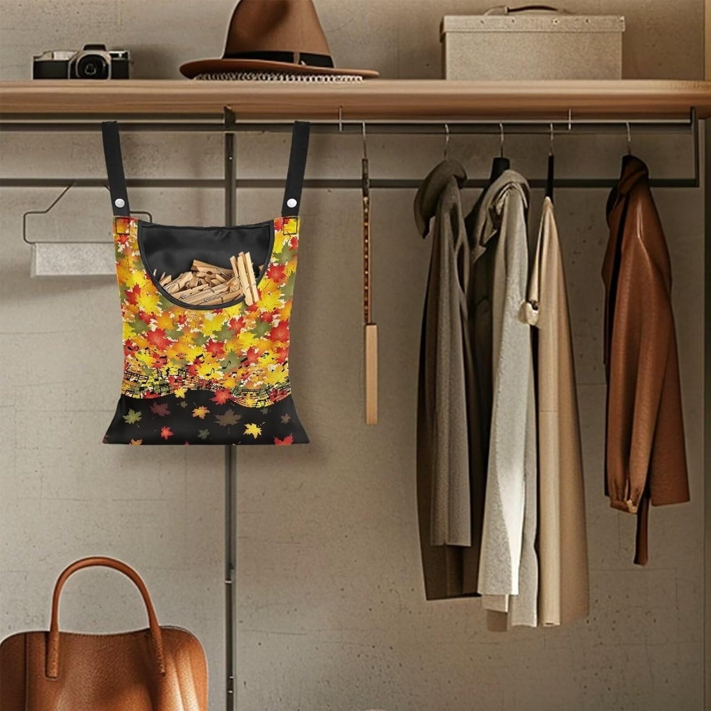 Maple Leaf Handy Laundry Clothespin Bag Holds 100 Medium-Sized Clothes Pins, Music Notes Waterproof Polyester Material, 2 Ropes for Hanging and Effortlessly Sliding on Clothesline