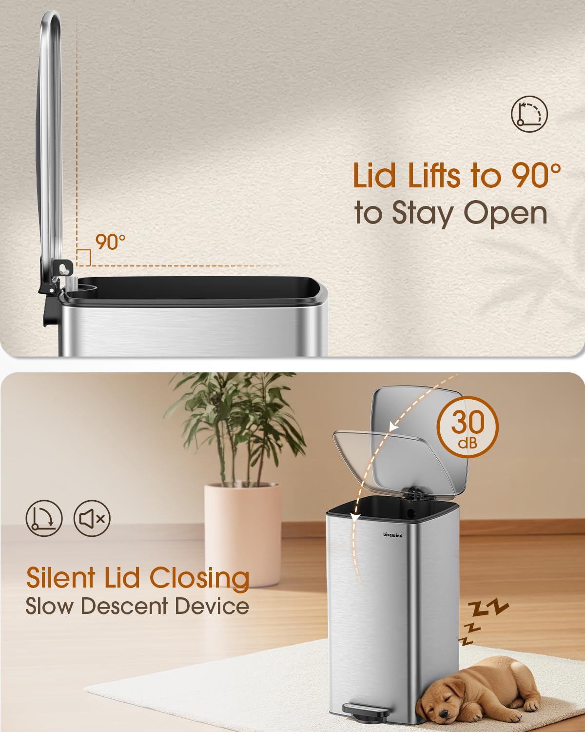 Lovewind Kitchen Trash Can with Lid, 8 Gallon/30 L Footstep Garbage Can for Kitchen Bedroom Home Office, 30 Liter Trash Bin Brushed Stainless Steel Waste Bin with Soft-Close Lid,Silver