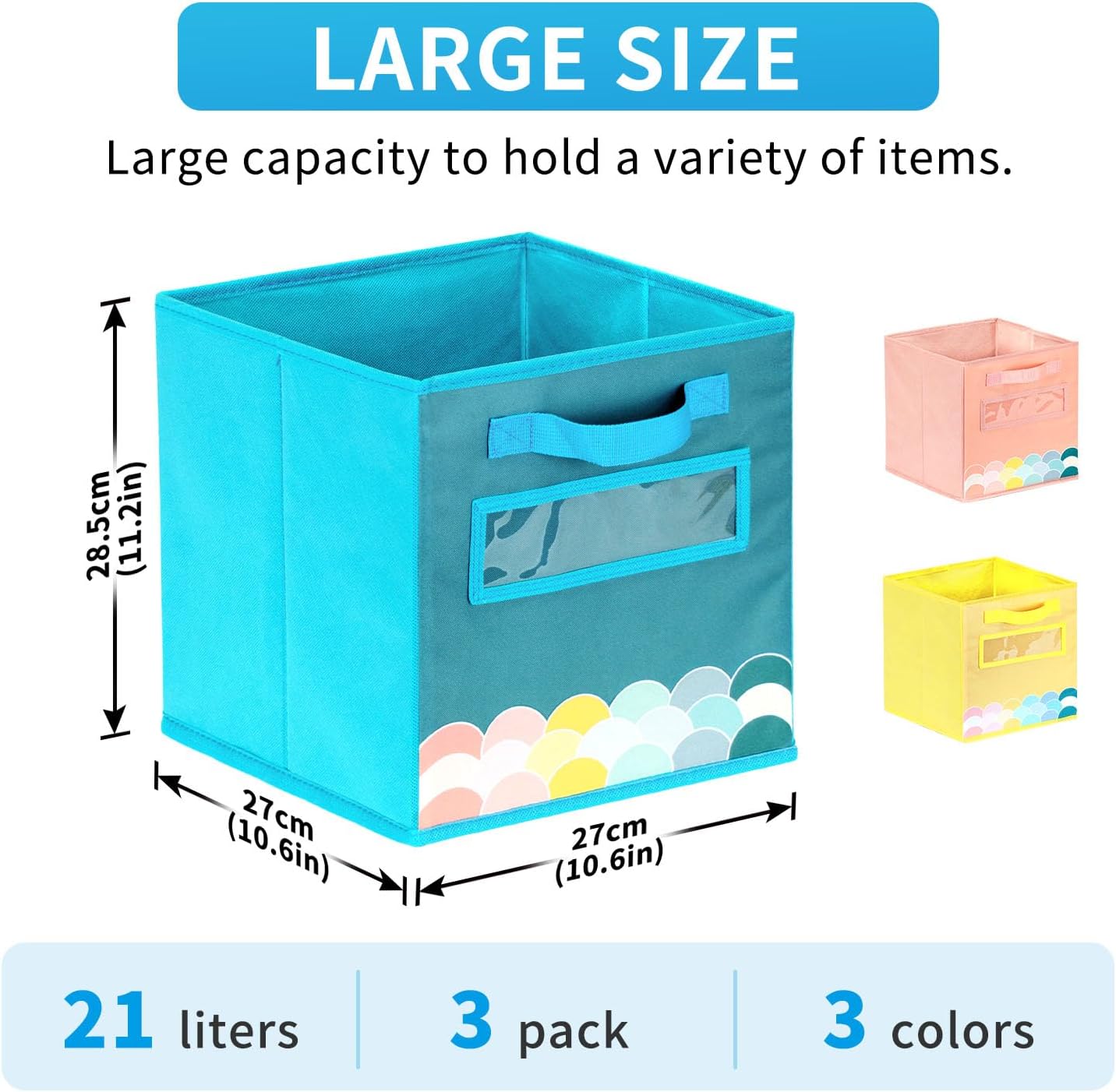 Cube Storage Bins, 3 Pack 11 Inch Fabric Storage Bins with Handle and Label Window, Foldable Storage Cubes, Colorful Fabric Bins for Kids Room, Classroom Organization and Storage, Clothes, Toys