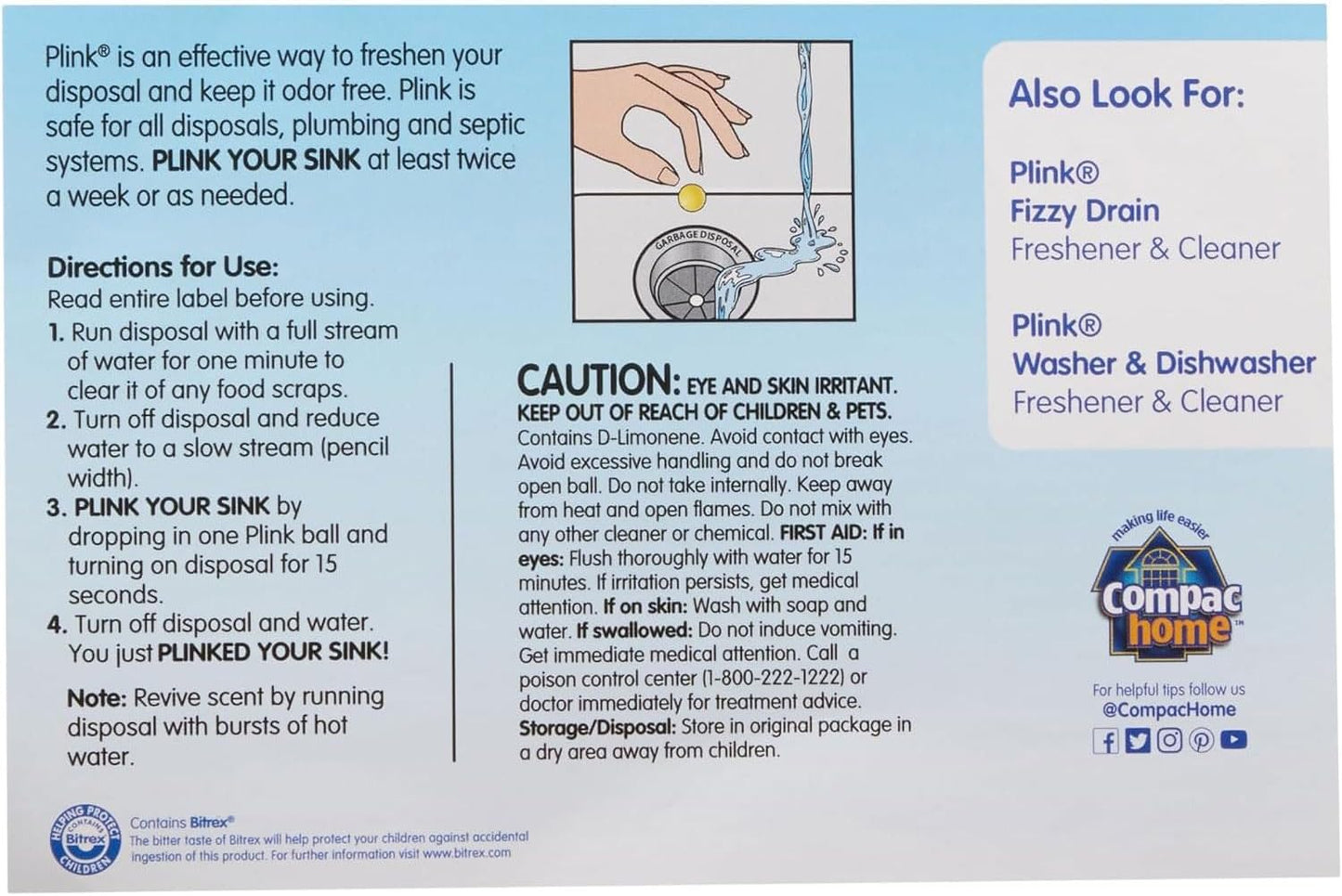 Compac Plink Garbage Disposal Cleaner and Deodorizer, Air Fresheners for Garbage Disposal, Home Accessory Cleaning Products for Kitchen, Drain Cleaners and Deodorizers, Lemon Scent, 40 Count, Yellow