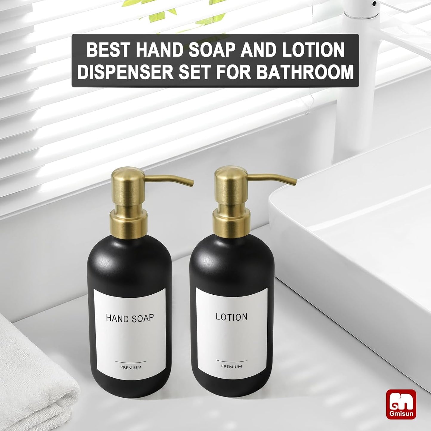 GMISUN Gold Soap Dispenser, 2 Pack Matte Black Glass Bathroom Hand Soap Dispenser with Rustproof Golden Pump, 17 Fl Oz Kitchen Hand and Dish Soap Dispensers Set, Modern Liquid Soap Lotion Bottle