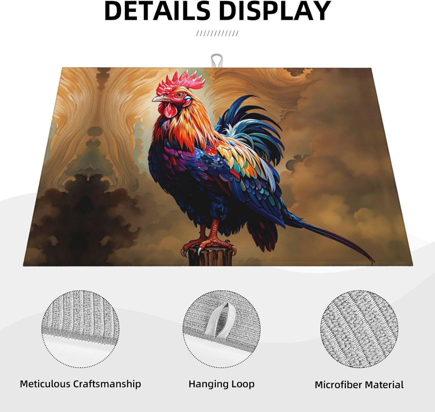 Rooster Dish Drying Mat Highly Absorbent Double-Sided Microfiber with Hanging Loop Reversible Drain Dish Rack Mat Drain Mat Suitable for Kitchen Countertop Coffee Bar 18 x 24 Inch