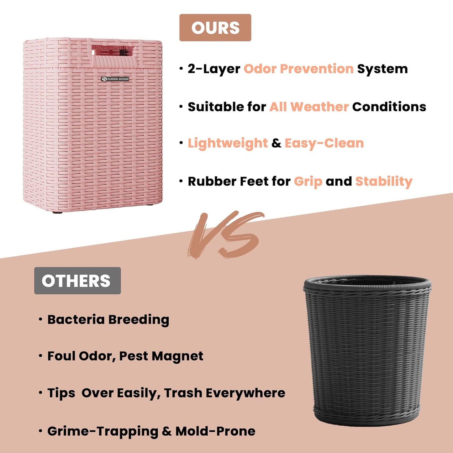 Ypati Handwoven 4 Gallon Rattan Trash Can with Lid, Boho Style Decorative Indoor and Outdoor Trash Bin with Shelf, Waste Basket for Bathroom, Patio, Study, with Trash Bags, Macaron Pink, Eureka
