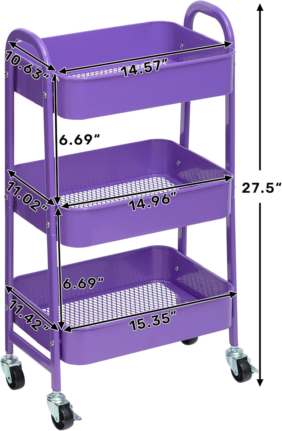 AGTEK Makeup Cart, Movable Rolling Organizer Cart, 3 Tier Metal Utility Cart with Lockable Wheels for Home & Office, Violet