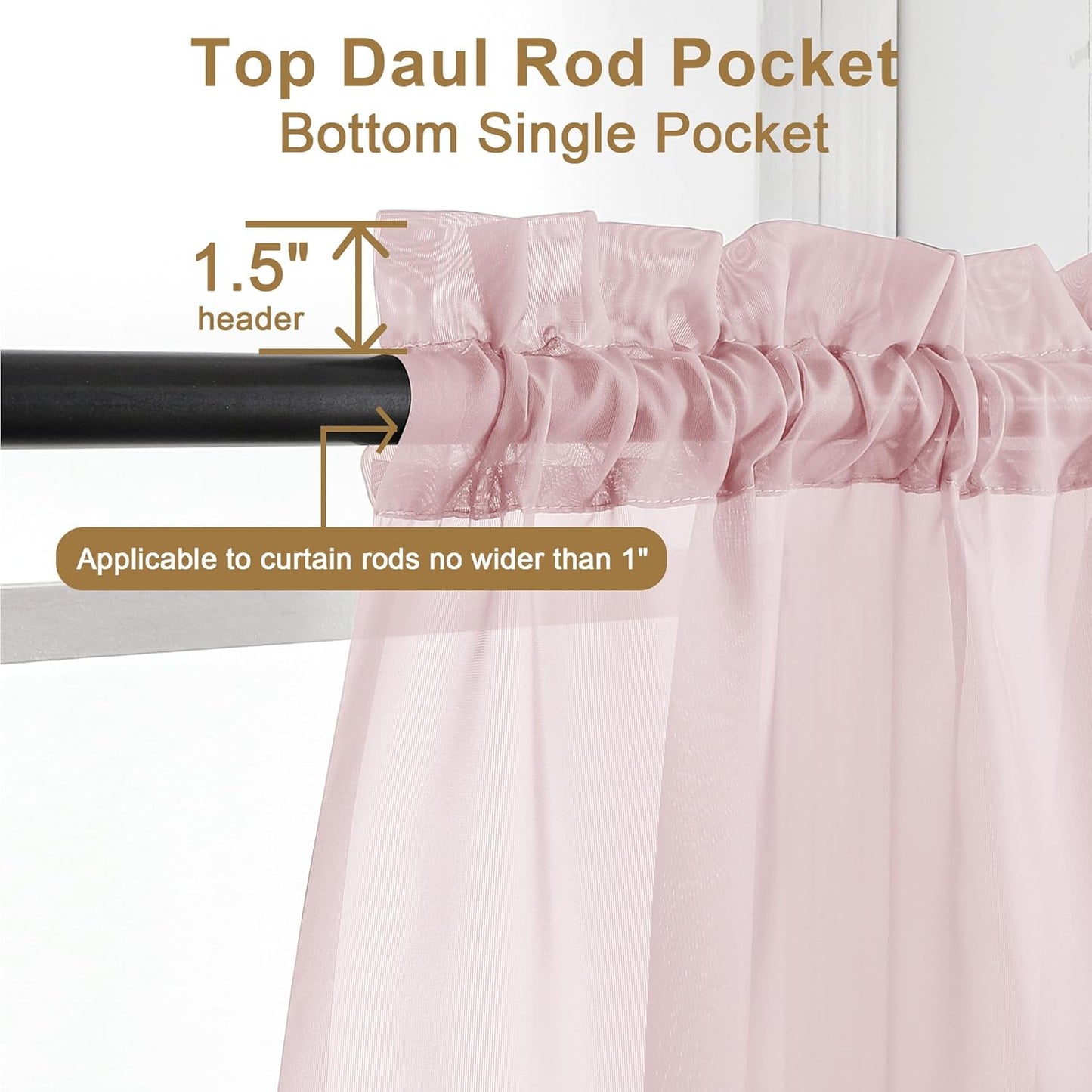 Chyhomenyc Sheer Curtains 45 Inch Long 2 Panels, Short Voile Drapes for Dinning Small Windows Bathroom Living Room Bedroom, Rod Pocket, 42Wx45L Inches, 2PCS, Blush Pink
