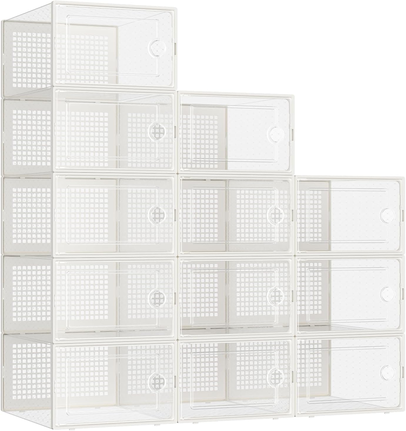 Kuject Large Shoe Organizers Storage Boxes for Closet, 12 Pack Clear Plastic Stackable Storage Bins with Lids, Under Bed Shoe Containers for Entryway, Fit up to Women's Size 10,Black,Off-white