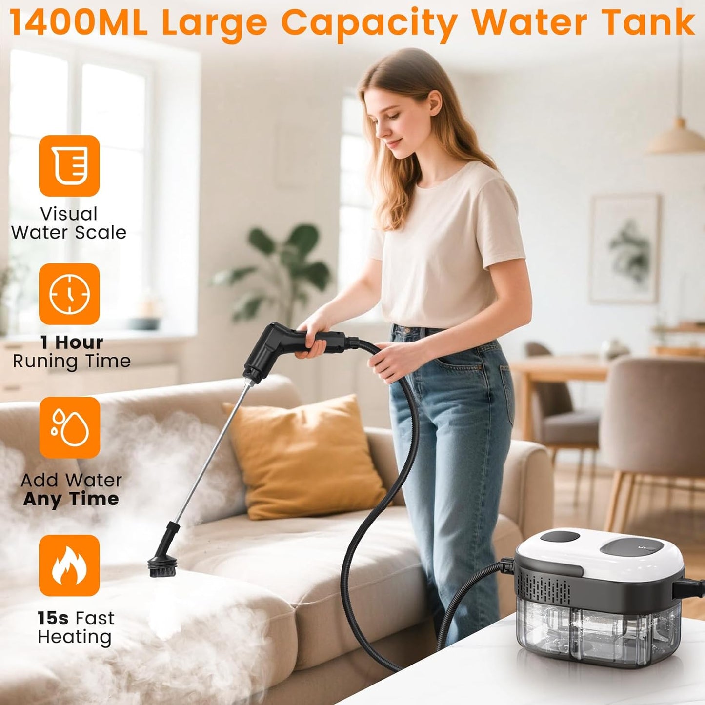 Pressurized Steam Cleaner, 3-Level Adjustable Handheld Steamer Cleaning for Home, 15s Fast Heat-Up & 47.3oz Tank, 2500W Multi-Surface Portable Steamer for Floor/Grout/Car/Kitchen & Bathroom
