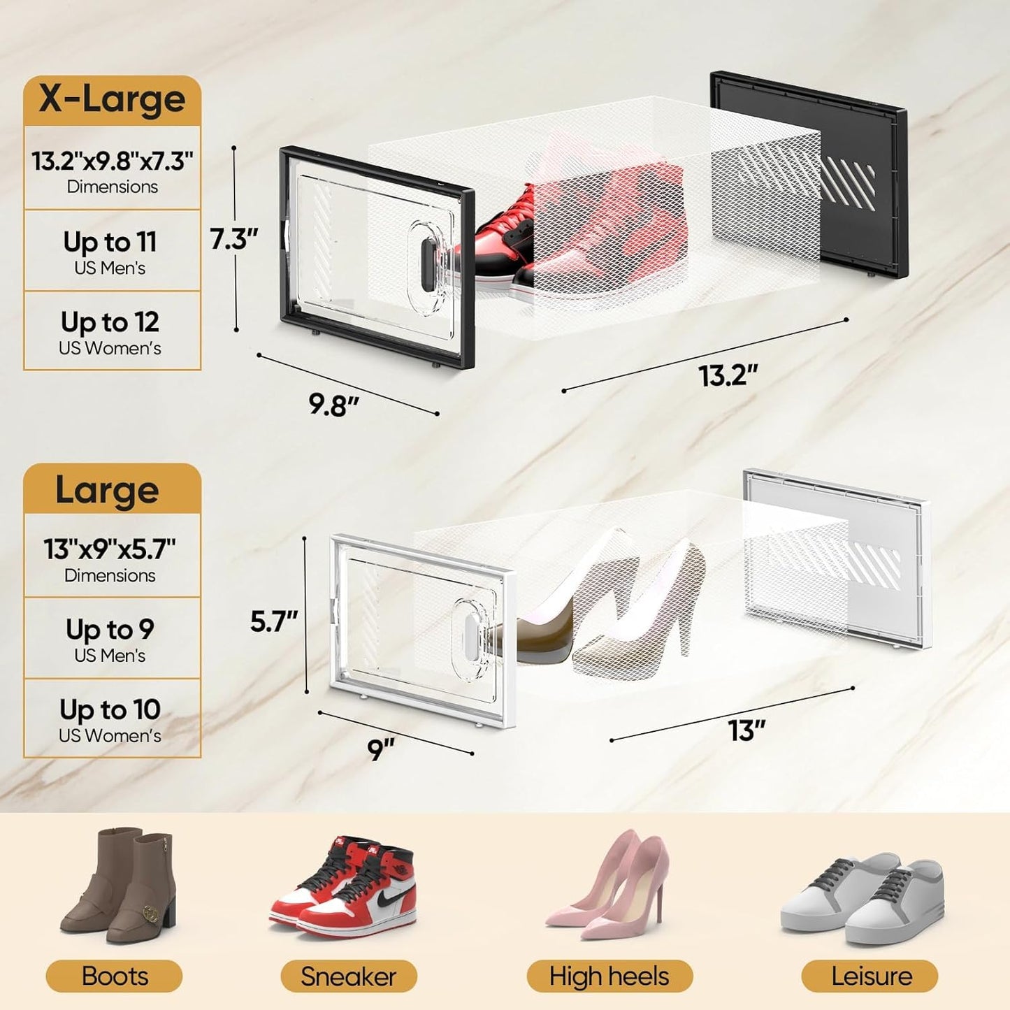 BALEINE 12 Pack Stackable Shoe Storage Boxes Fit Size 9, Thickened Clear Shoe Box Bins with Lids, Plastic Foldable Organizer Sneaker Storage Containers (Large, Black)