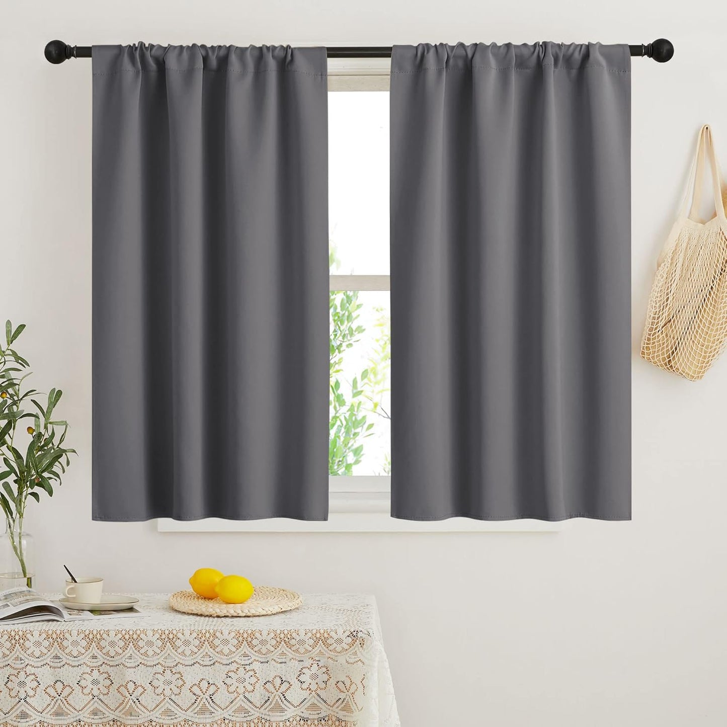 RYB HOME Small Window Curtains Blackout - Privacy Energy Saving Insulating Curtains Blinds for Bedroom Bathroom Basement Kids Nursery Kitchen, W 34 x L 48 inches, Grey, 2 Panels