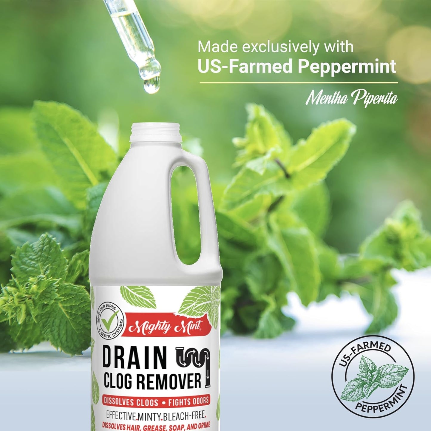 Mighty Mint Drain Clog Remover, Safe for Pipes and Septic, Dissolves Hair & Grease, Clears Blocked Drains and Deodorizes, Natural Mint Scent, 32oz