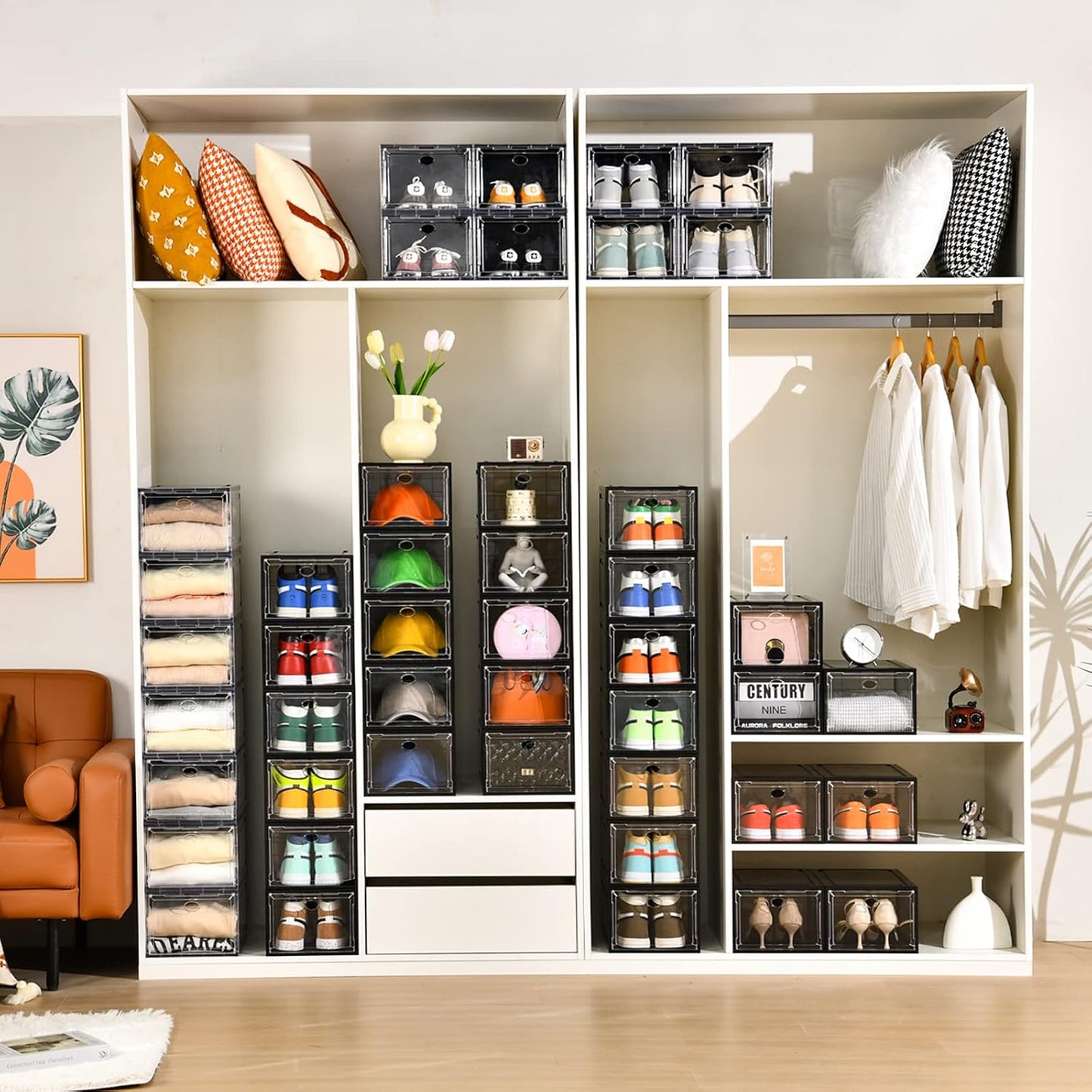 12 Pack Shoe Boxes Stackable,Upgraded Sturdy Shoe Storage Boxes with Clear Magnetic Door,Multifunctional Sneaker Storage, Shoe Box Organizer Fit up to US Size 12 Gray(13.8”x 9.84”x 7.1”)