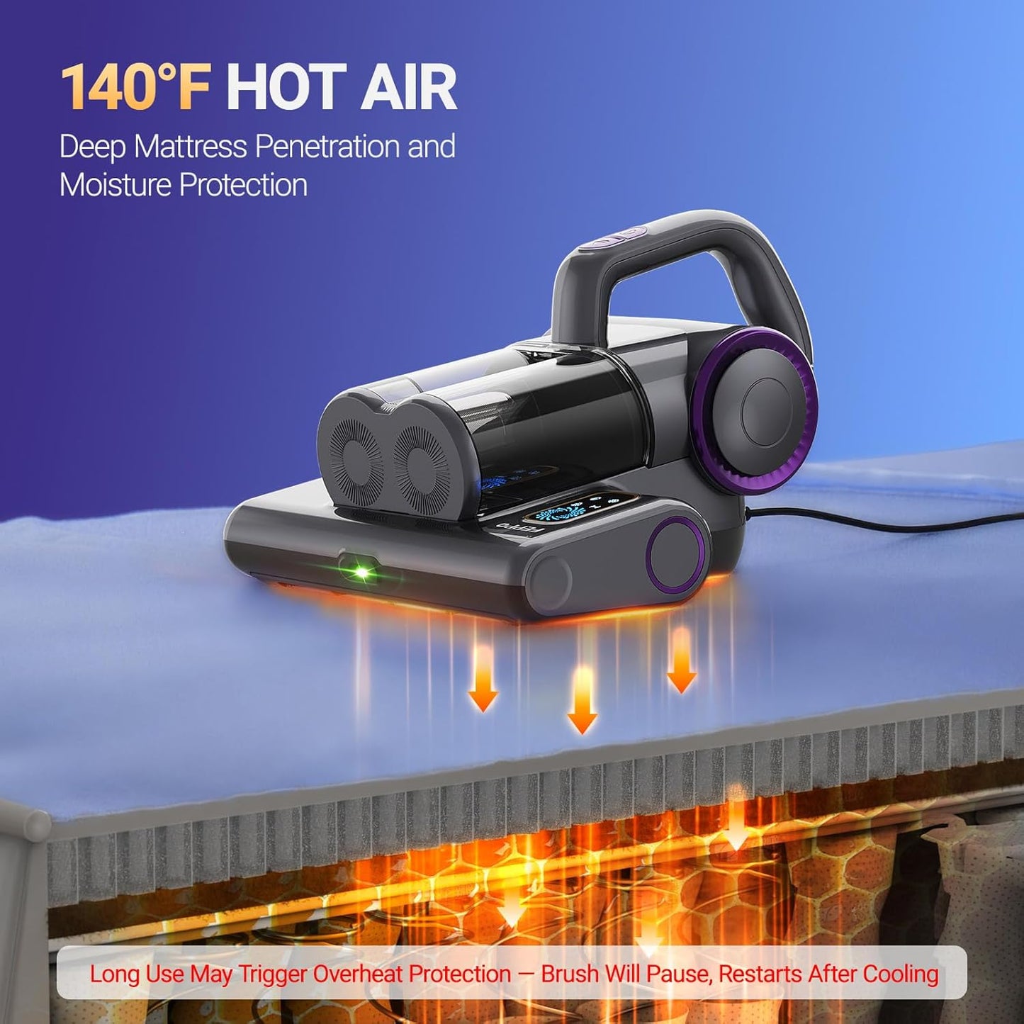 FEPPO Mattress Vacuum Cleaner, 16Kpa Bed Vacuum Cleaner with 253.7nm UV-C Light, 140°F Heat, HEPA Filter & Ultrasonic, Versatile Handheld Vacuums for Bed, Sofa, Couch, Crib(Corded, 500W)