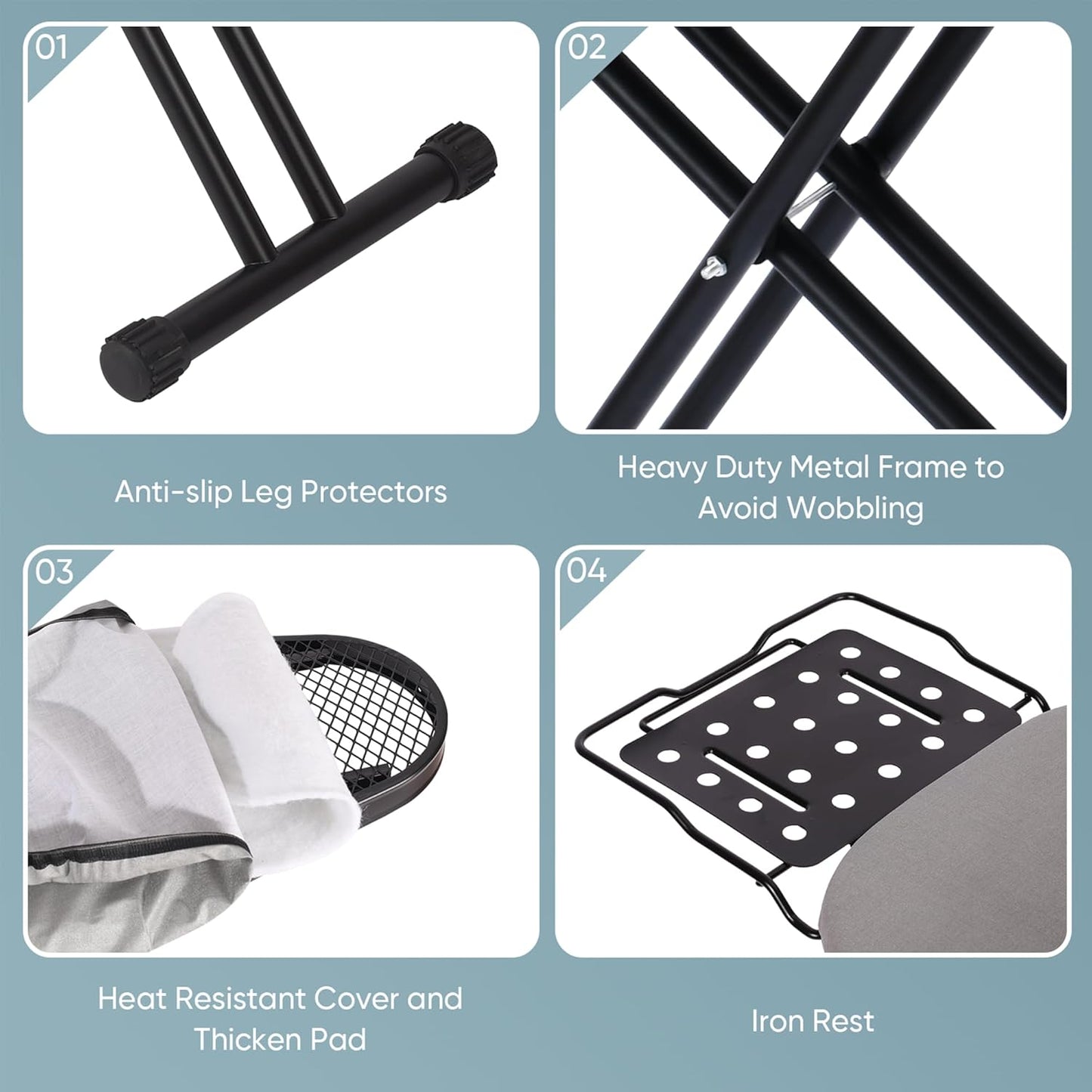 Deluxe Ironing Board with Heat Resistant Cover and Thicken Felt Pad, Heavy Sturdy Legs,Full Size Hanger Iron Board,Foldable (L-Grey)