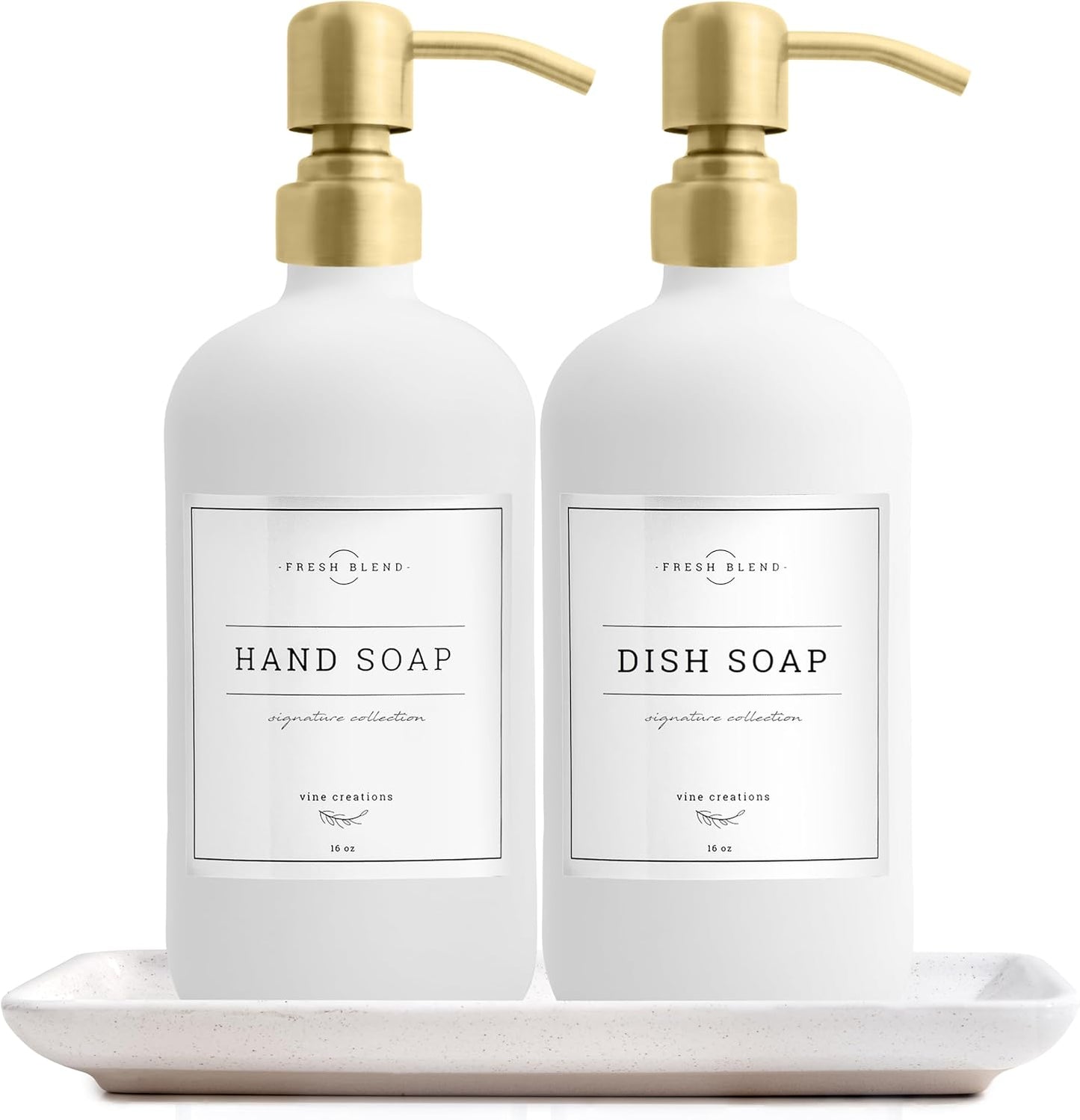 Vine Creations Glass Soap Dispenser, 2 Pack Kitchen Soap Dispenser Set with Ceramic Tray, Stainless Steel Pump, Dish Soap and Hand Soap Dispensers for Bathroom or Kitchen Decor with Waterproof Labels