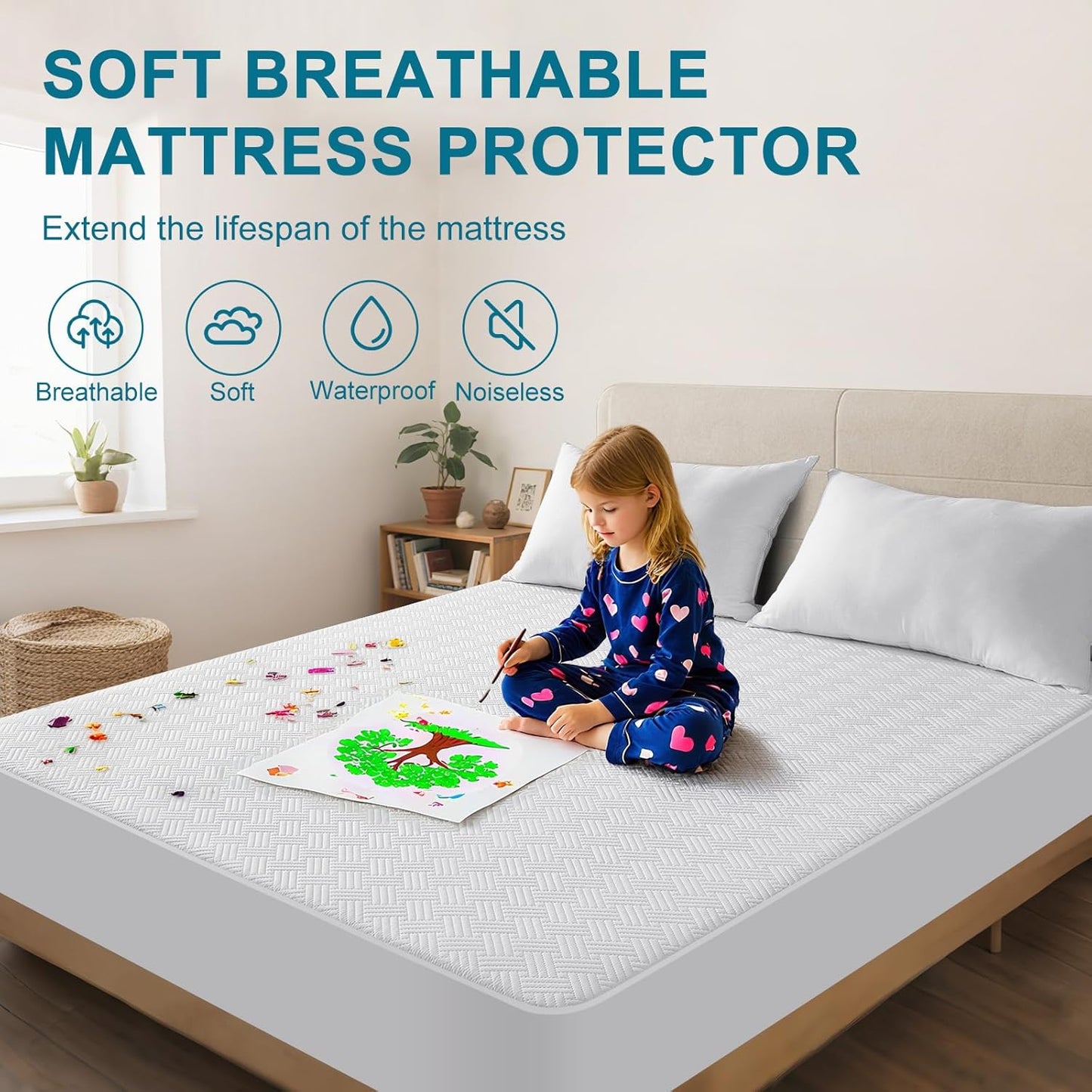 Waterproof Mattress Protector King Size - Breathable, Noiseless, Ultra-Soft Bed Cover, Mattress Pad Cover with Deep Stretchable Pockets 8"-21" (White)