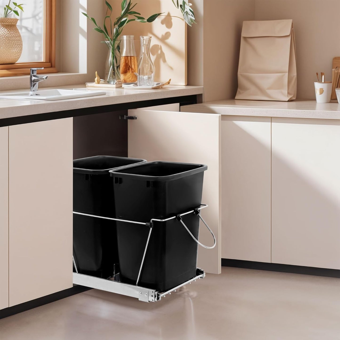 SUPER DEAL Double 35-Quart Pull Out Trash Can Under Cabinets Under Sink Garbage Sliding Waste Bin Container Recycling Bins with Chrome Wire Bottom Mount 44 lbs Load Capacity, Black