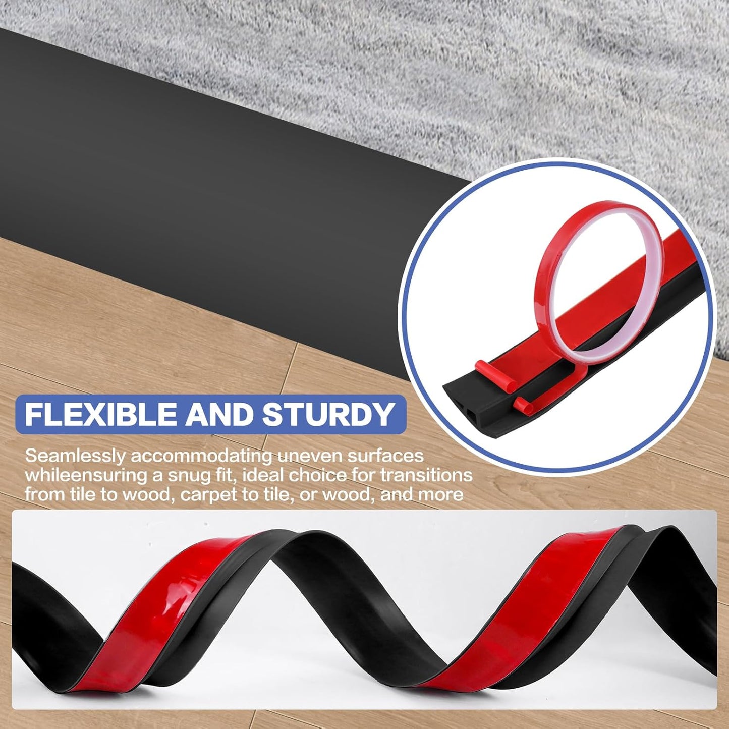 Floor Transition Strip Vinyl Door Threshold Ramp Self Adhesive Carpet Edging Strip Doorway Edge Trim, Overlap Edge Reducer for Laminate Carpet, Floor, Tile (Black, 3/5" to 4/5", 3.3Ft)