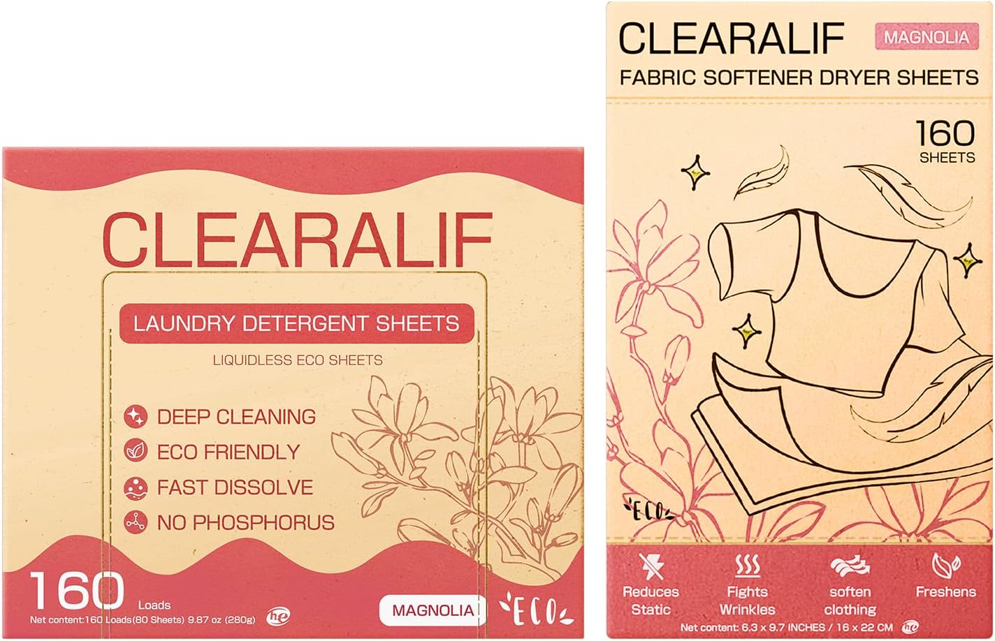 CLEARALIF All in One Laundry Detergent Sheets Kit, Magnolia Scent, 160 Loads Laundry Sheets + 160 Drying Sheets, Laundry Set Great for Travel, Softener Sheets Eco Package Friendly & Hypoallergenic