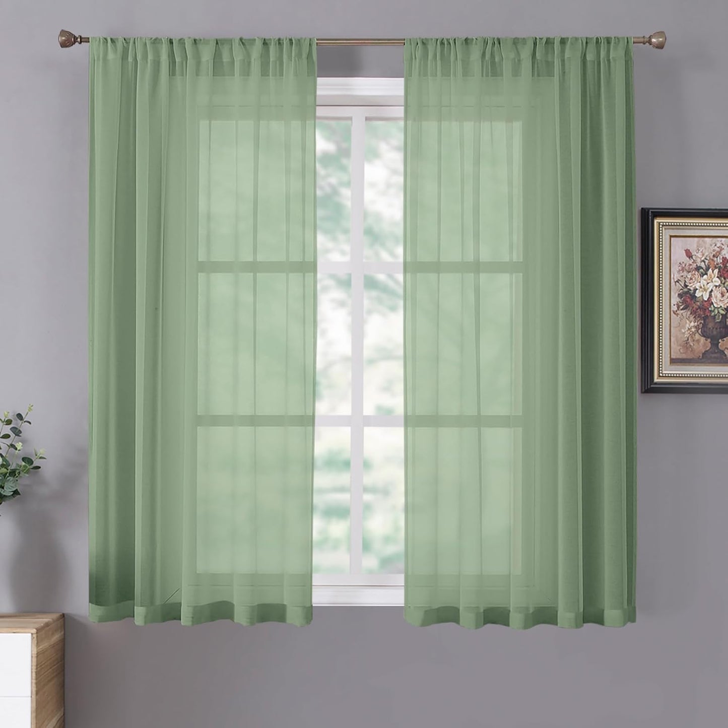 Tollpiz Short Sheer Curtain Living Room Linen Textured Curtains Sheer Light Filtering Voile Rod Pocket Curtain for Bedroom, 38 x 54 inches Long, Sage Green, Set of 2 Panels