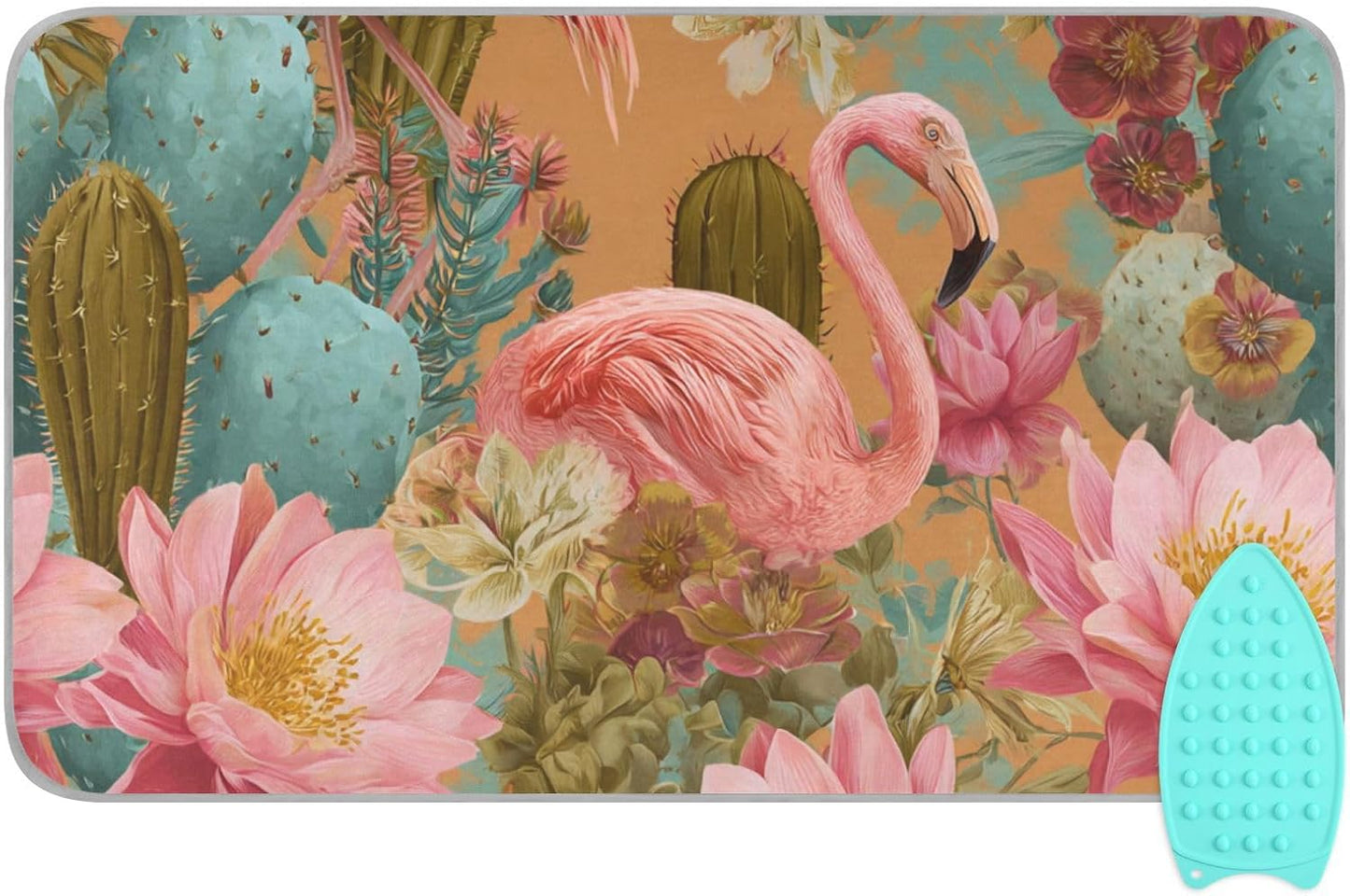 Ironing Mat Portable Ironing Pad Ironing Blanket for Table Top Heat Resistance Double-Side Using Travel Large 47.2 x 27.6 Inch Foldable Orange Flamingos and Green Cactus Flowers
