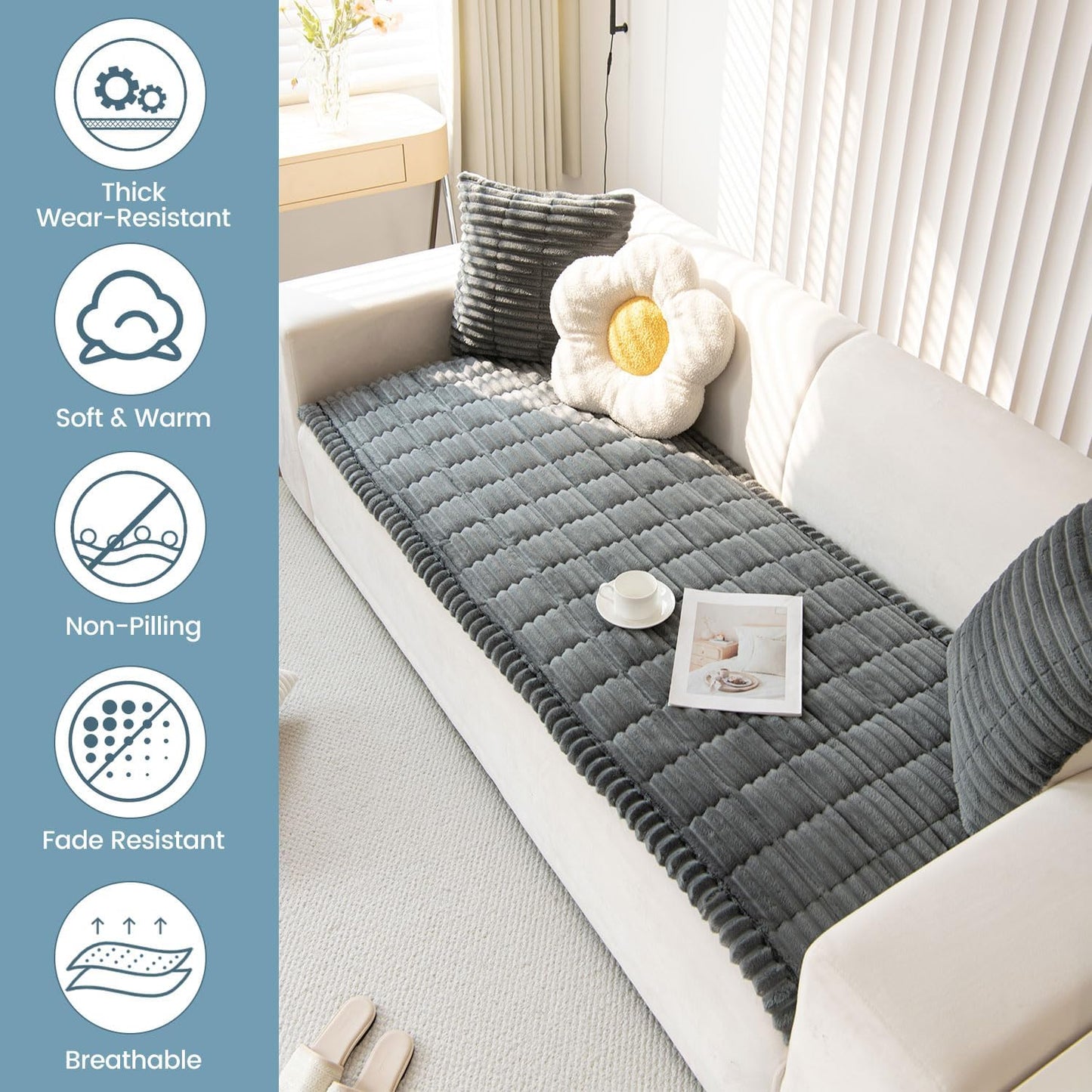 OTOB Couch Covers for 3 Cushion Sofa Pet Friendly, Plush Fuzzy Non Slip Sofa Covers Washable, Soft All Seasons Sofa Slipcovers Furniture Protector Dog Bed Mat (Dark Gray, 27.6" x 82.7")