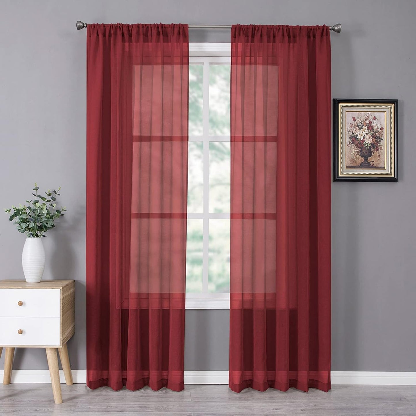 Tollpiz Sheer Curtains Bedroom Linen Textured Curtain Sheers Light Filtering Voile Rod Pocket Curtains for Living Room, 38 x 84 inches Long, Burgundy Red, Set of 2 Panels