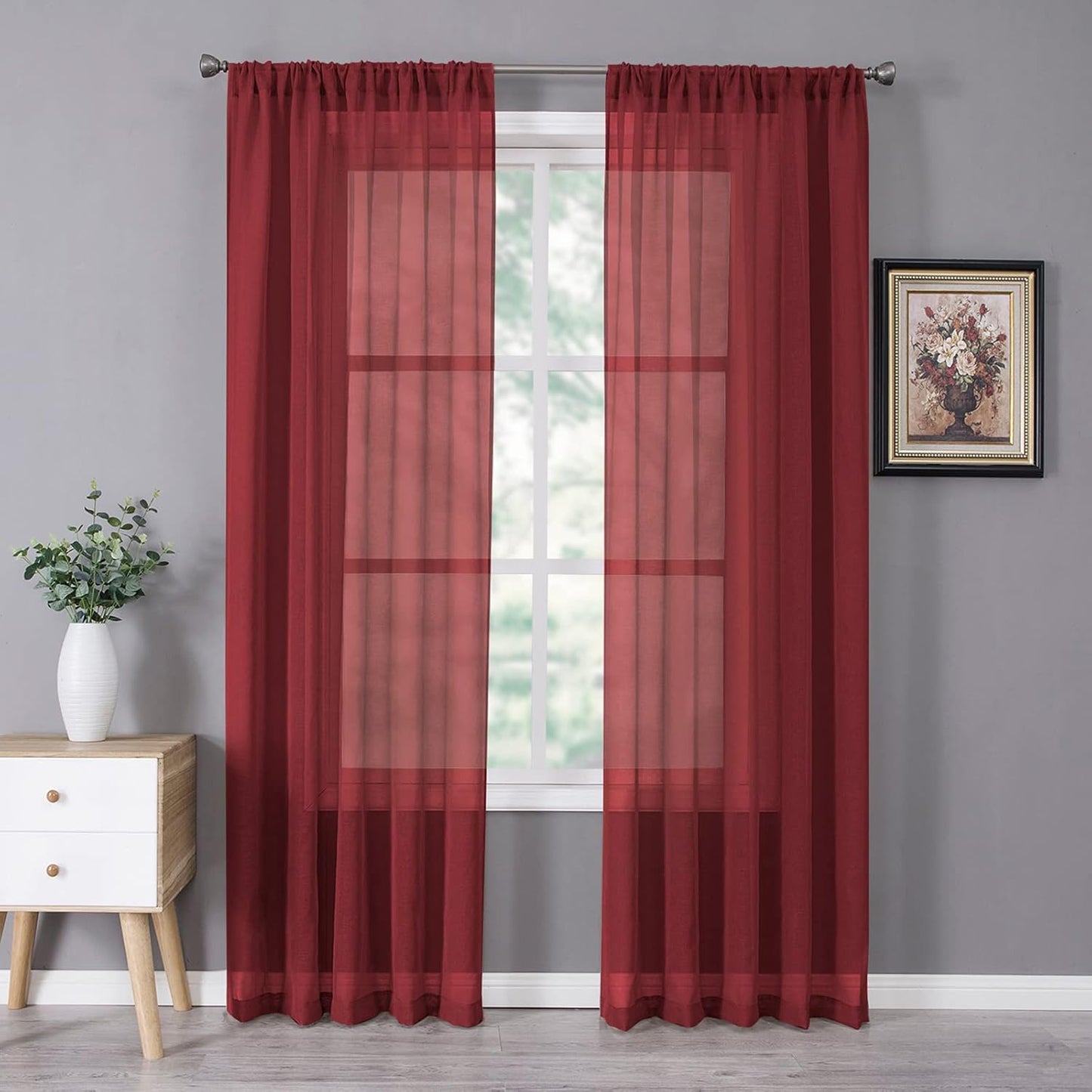 Tollpiz Sheer Curtain Linen Textured Bedroom Curtains Sheer Light Filtering Rod Pocket Voile Curtain for Living Room, 54 x 95 inches Long, Burgundy Red, Set of 2 Panels