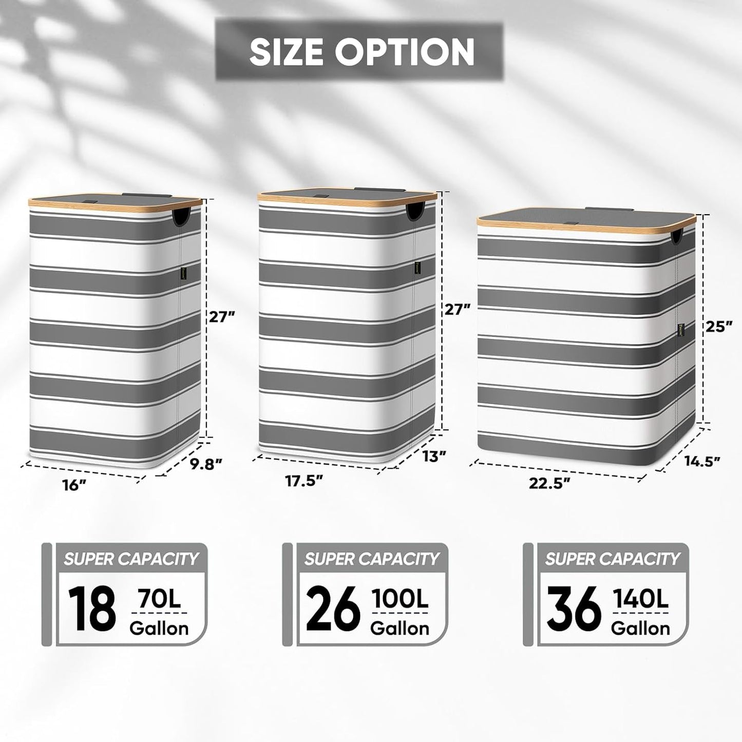 BALEINE Laundry Hamper with Lid, Tall Laundry Baskets with Bamboo Pull Handles, Large Laundry Bin with Internal Support (36 Gal/140L, Grey Stripe)