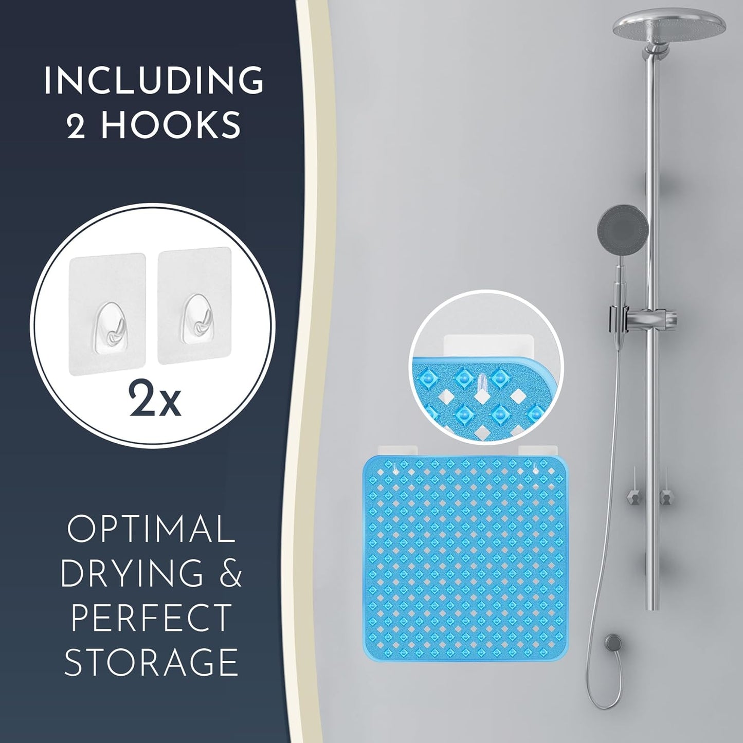 Homerella Anti Slip Shower Mat | Anti Mold Non Slip Bathtub Mat for Inside Shower | Square Floor Shower Mat 21 x 21 inch with Suction Cups for Grip & Hooks Hanging and Quick Drying | Machine Washable