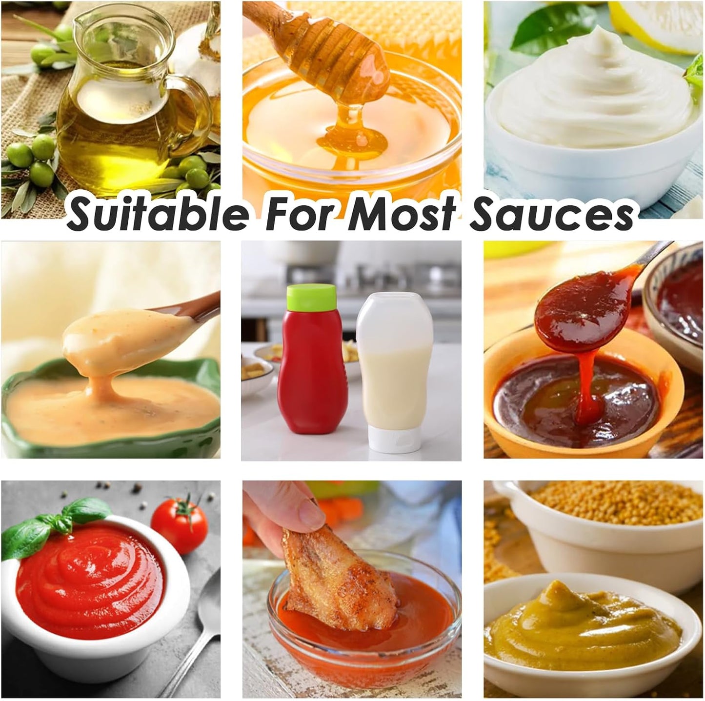 Condiment Squeeze Bottles for Ketchup Hot Sauce Liquids Oil with Caps for Condensed Milk Mustard Salad Dressing Dispenser Clear Plastic Bottles Dressing Container HD PE(8 Pack 11oz)