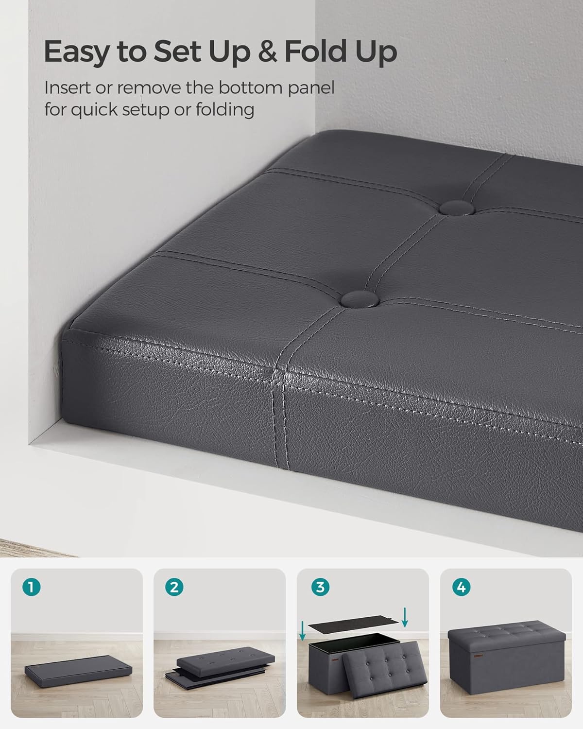 SONGMICS Mazie Collection - 30 Inches Folding Storage Ottoman Bench, Ottoman with Storage, Foot Rest Stool, Load 660 lb, for Living Room, Synthetic Leather, Dark Gray ULSF040G01