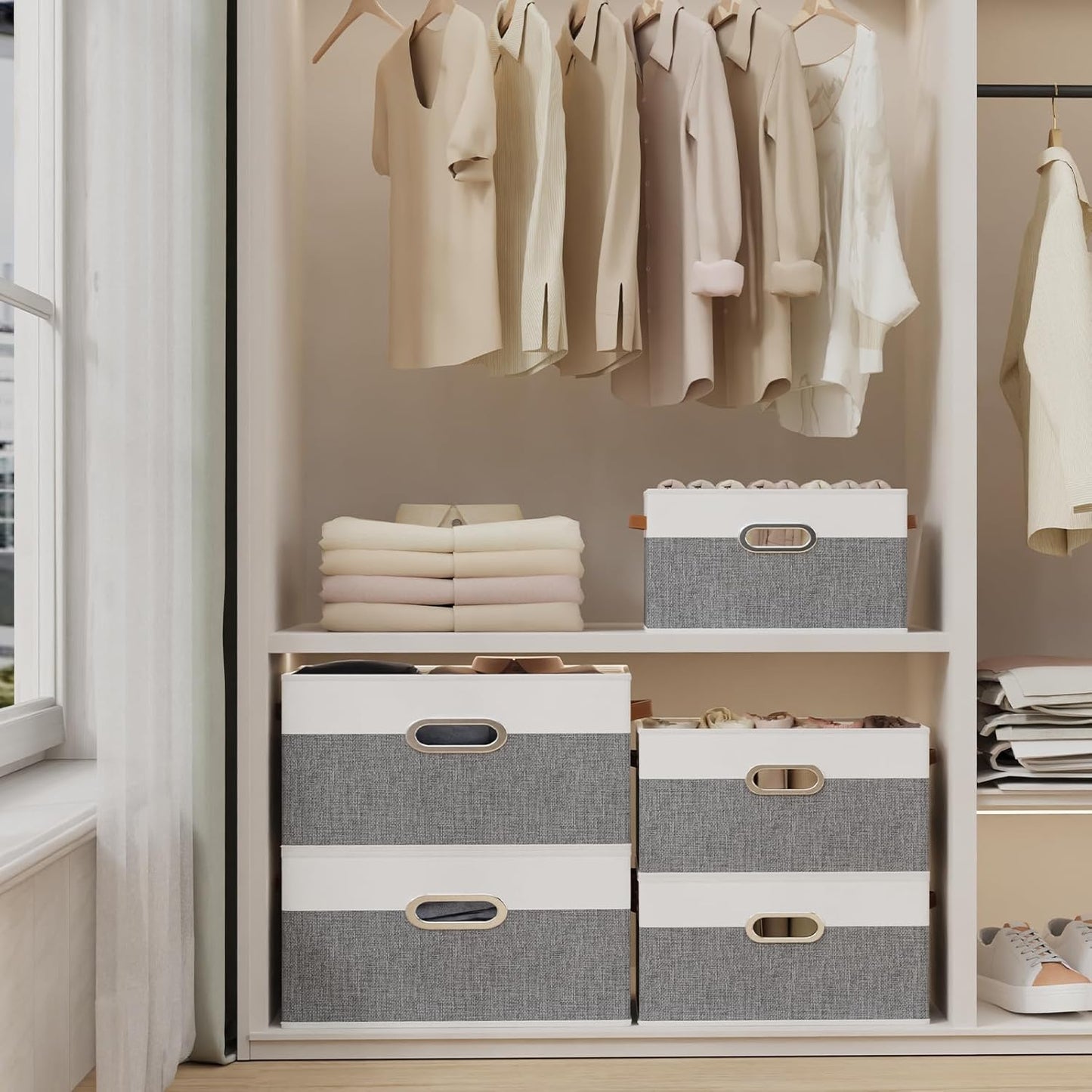 Yawinhe Fabric Storage Baskets, Foldable Closet Organizer for Shelves, Large Boxes with 3 Handles, Canvas Bins for Clothes, White/Grey, 12.99''Lx9.05''Wx7.87''H, 2-Pack