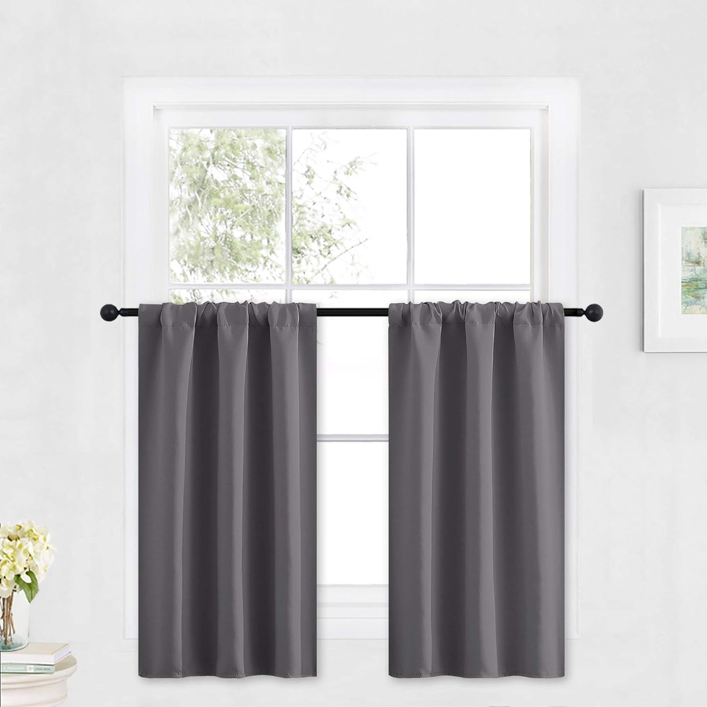 RYB HOME Blackout Tier Curtains for Kitchen, Solid Half Window Curtain Tiers for Bedroom Energy Saving Privacy Shade for RV Camper Bathroom Basement, Width 29 x Length 30 inches, Grey, 2 Pieces