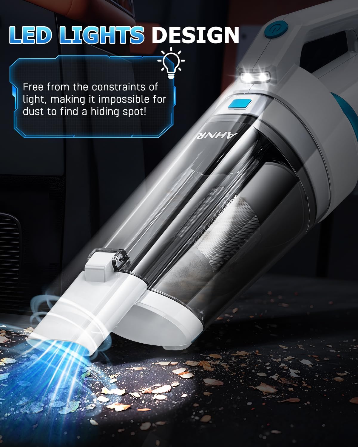 AHNR Handheld Vacuum Cordless, 16000PA Powerful Suction Hand Held Vacuum Dust Busters Cordless Rechargeable with LED Light & 2 HEPA Filters, Portable Car Vacuum Cleaner High Power for Car Home Office